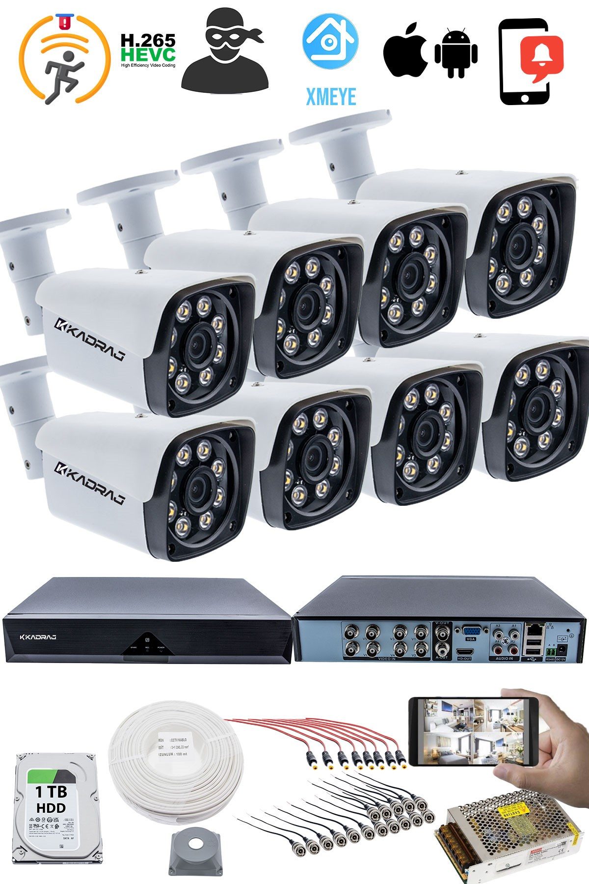 Kadraj 8'li Güvenlik Kamerası Seti - 5MP Sony SecuLensli 1080P Full HD AHD, 8 Ultra Warm LED, Gece Görüşlü, ColorVu Teknolojisi, Metal Kasa, Yüz Tanıma - görsel 2
