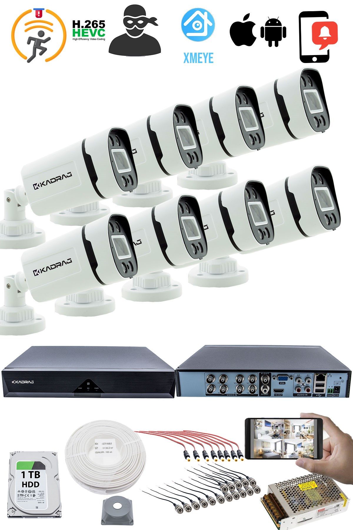 Kadraj 8'li Kamera Seti - 5MP Sony SecuLensli 1080P, 4 Warm LED, Gece Renkli, Full HD AHD Güvenlik Kamerası Seti, ColorVu, Plastik Kasa, Yüz Tanıma - görsel 2