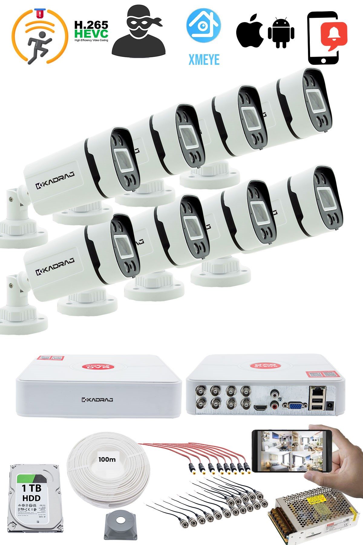 Kadraj 8'li Kamera Seti - 5MP Sony SecuLensli 1080P, 4 Warm LED, Gece Renkli, Full HD AHD Güvenlik Kamerası Seti, ColorVu, Plastik Kasa, Yüz Tanıma, V1 - görsel 2