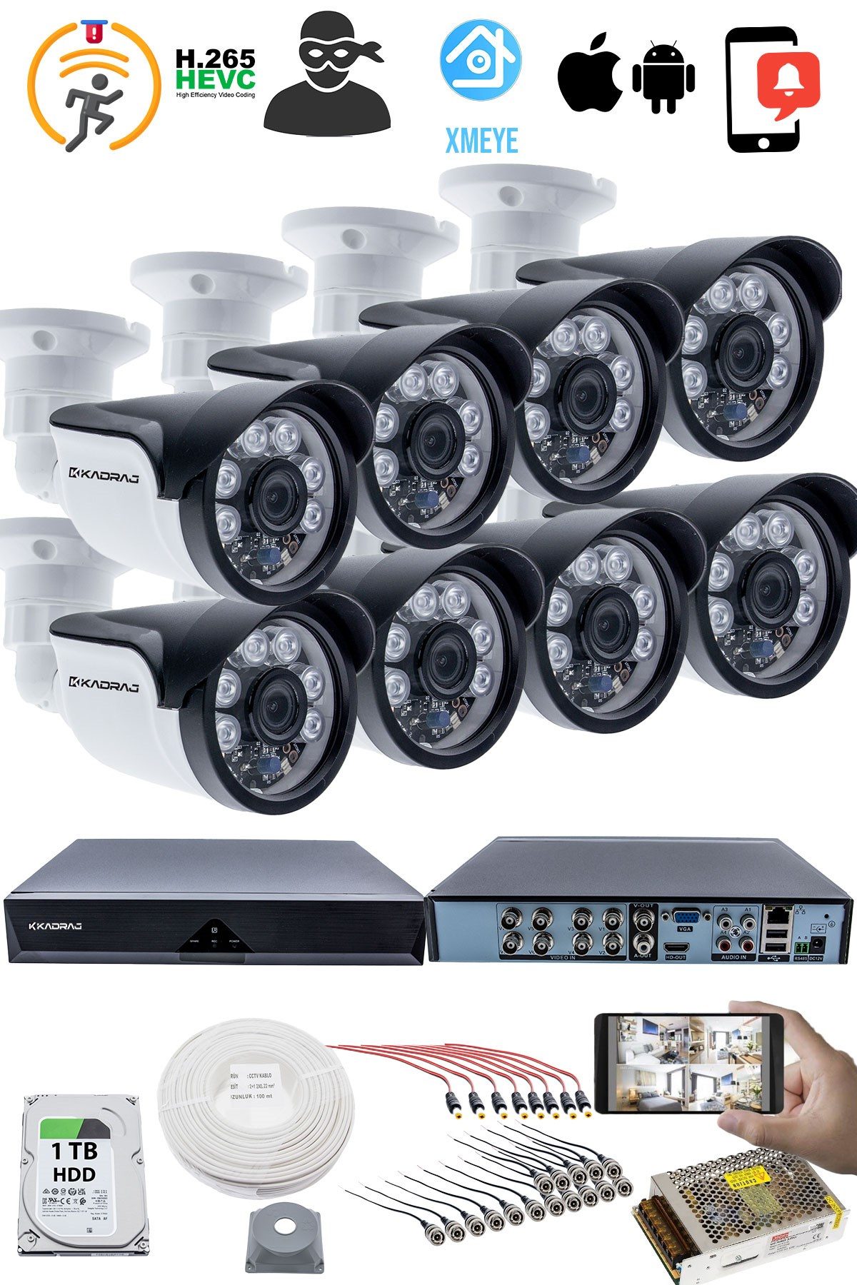 Kadraj 8'li Kamera Seti - 5MP Sony SecuLensli 1080P, 6 Atom LED, Full HD AHD Güvenlik Kamerası Seti, Gece Görüşlü, IP66 Plastik Kasa - görsel 2