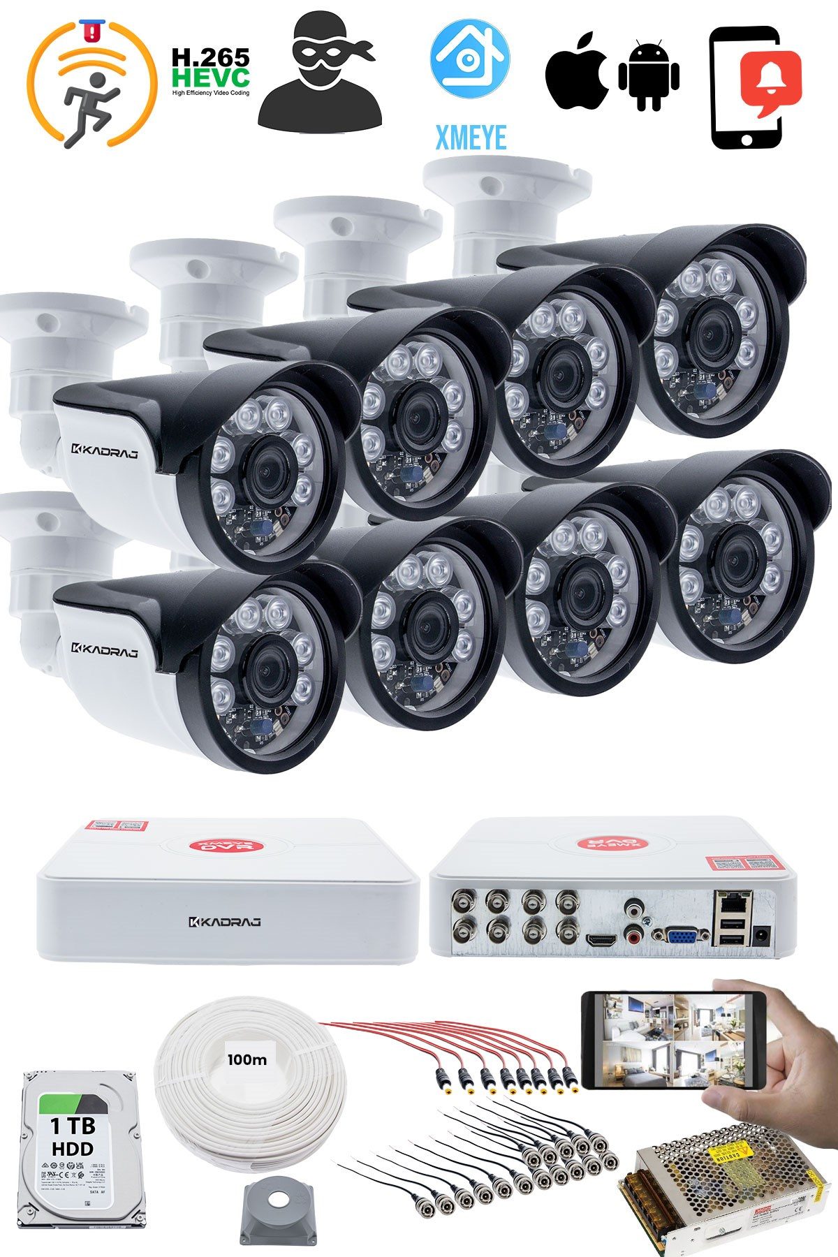 Kadraj 8'li Kamera Seti - 5MP Sony SecuLensli 1080P, 6 Atom LED, Full HD AHD Güvenlik Kamerası Seti, Gece Görüşlü, IP66 ,V1 - görsel 2