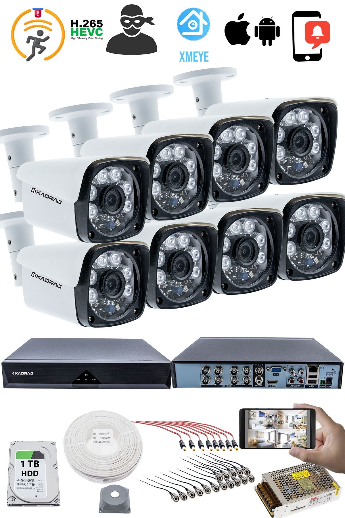 Kadraj 8'li Kamera Seti - 5MP Sony SecuLensli 1080P Full HD, 6 Atom LED, AHD Güvenlik Kamerası Seti, Gece Görüşlü, Metal Kasa - görsel 2