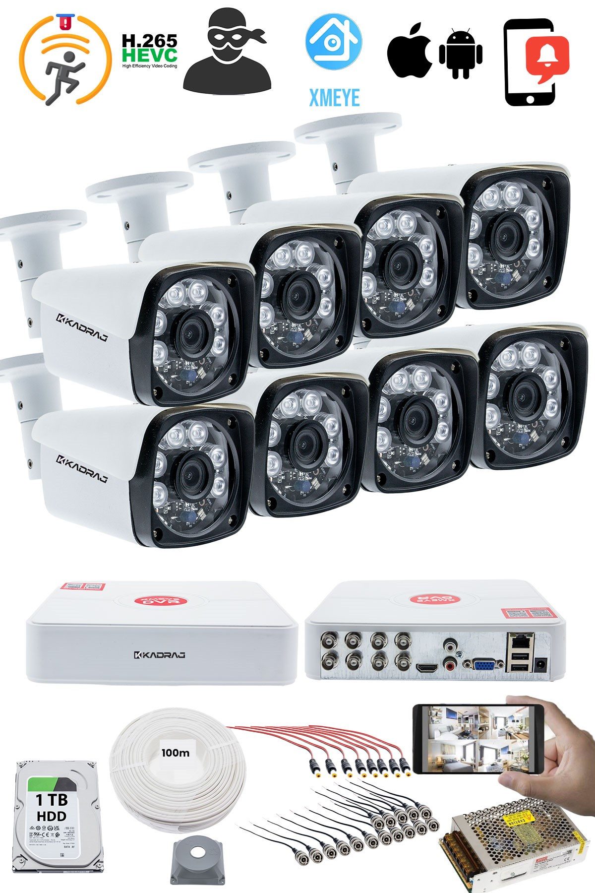 Kadraj 8'li Kamera Seti - 5MP Sony SecuLensli 1080P Full HD, 6 Atom LED, AHD Güvenlik Kamerası Seti, Gece Görüşlü, V1 - görsel 2