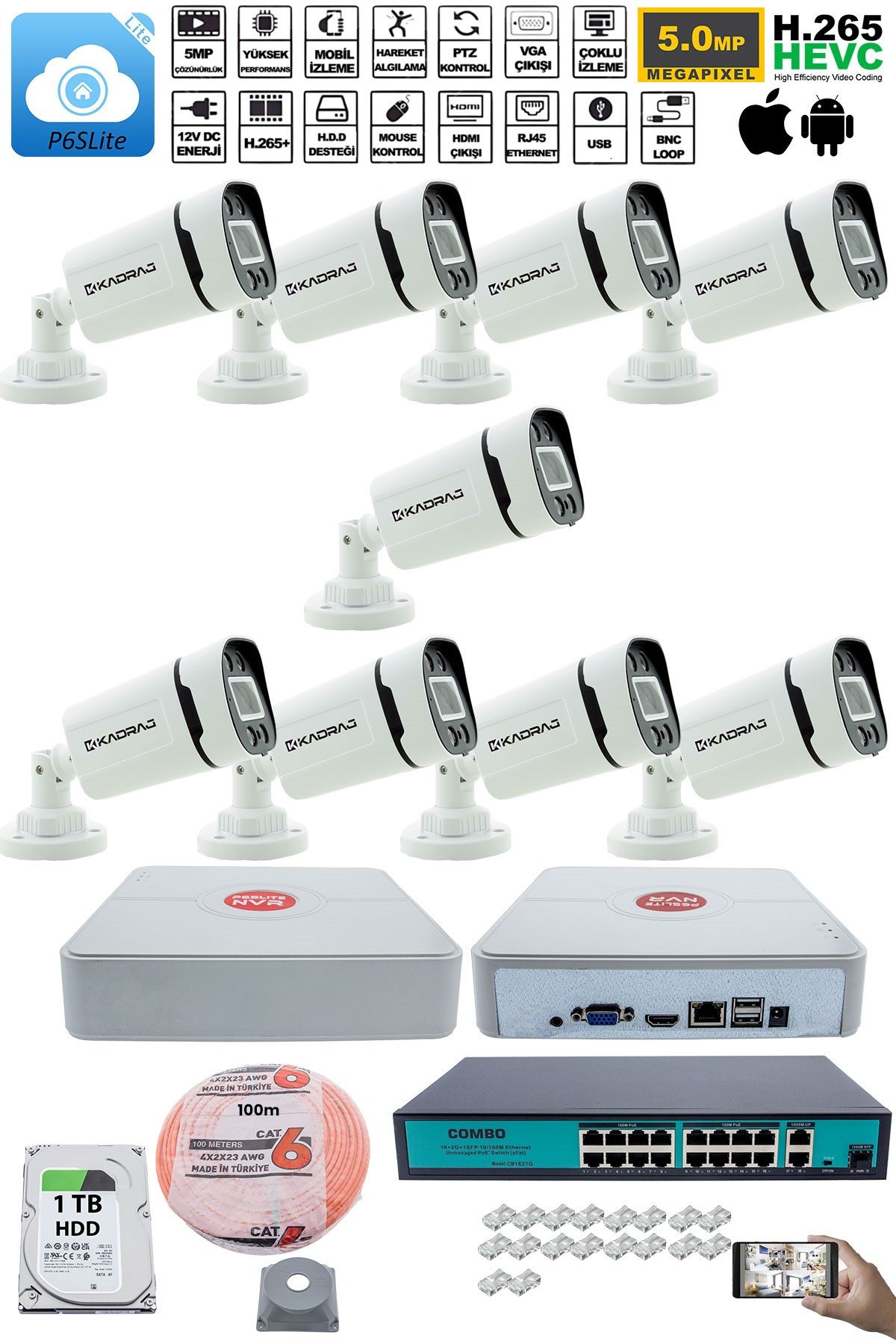 Kadraj 9 Kameralı Güvenlik IP Kamera Seti - 4MP Dış Mekan Kamera, 3.6mm Lens, H.265+, PoE, Gece Renkli Görüş, 16 Kanal NVR, 16 Port PoE Switch, 1TB HDD - görsel 2