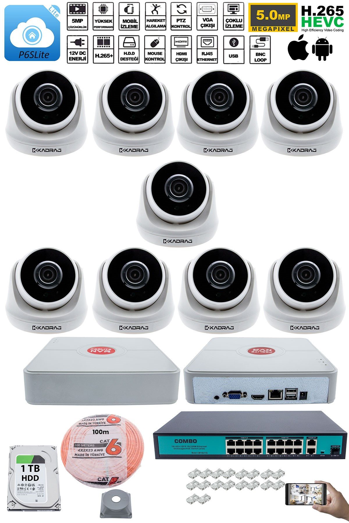 Kadraj 9 Kameralı IP Dome Güvenlik Kamerası Seti | 4MP Ultra HD, 30m Gece Görüş, Ses Alma, Uzaktan İzleme - görsel 2