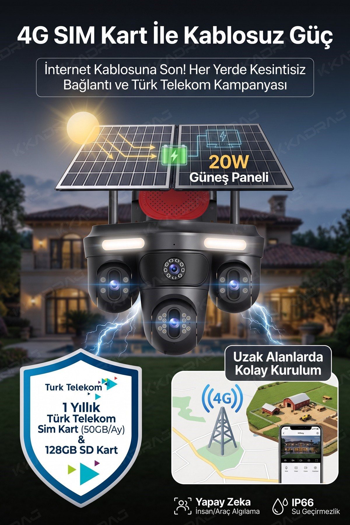 Kadraj Güneş Enerjili Güvenlik Kamerası 3 Kamera Otomatik 1 kamera sabit + 50GB Her ay Türk Telekom 1 Yıllık - görsel 2