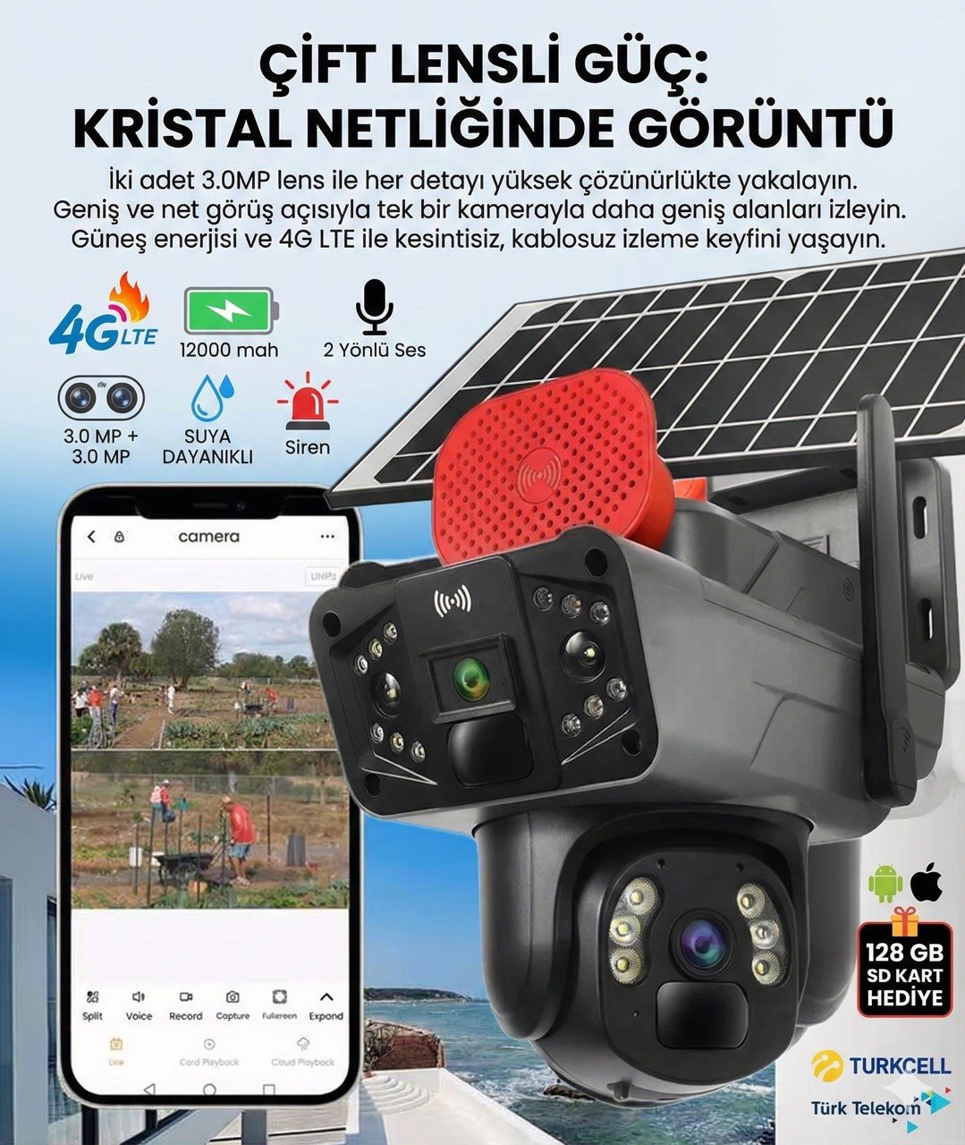 Kadraj Güneş Enerjili Kamera, Solar Panelli Kamera, Sim Kart Destekli Kamera , 128GB SD Kart Hediye - görsel 3