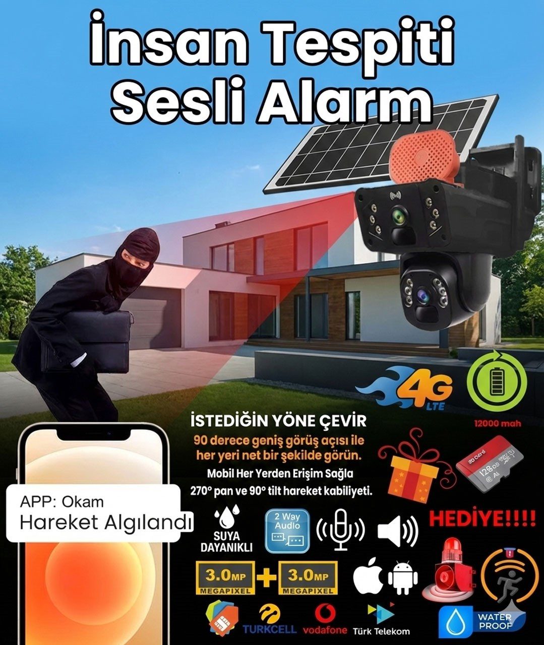 Kadraj Güneş Enerjili Kamera, Solar Panelli Kamera, Sim Kart Destekli Kamera , 128GB SD Kart Hediye - görsel 2
