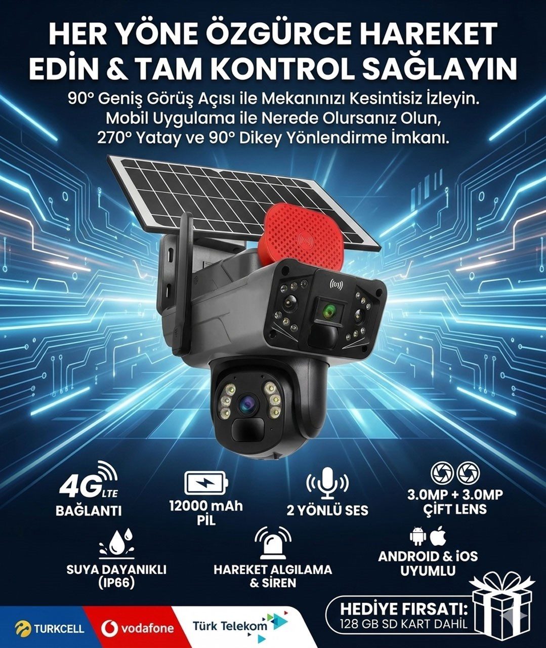 Kadraj Güneş Enerjili Kamera, Solar Panelli Kamera, Sim Kart Destekli Kamera , 128GB SD Kart Hediye