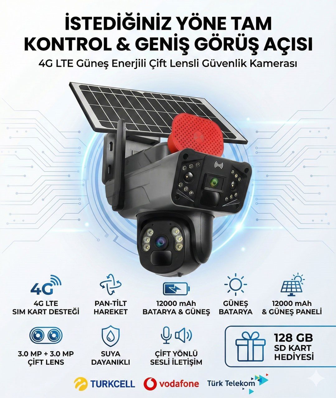 Kadraj Güneş Enerjili Kamera, Solar Panelli Kamera, Sim Kart Destekli Kamera , 128GB SD Kart Hediye