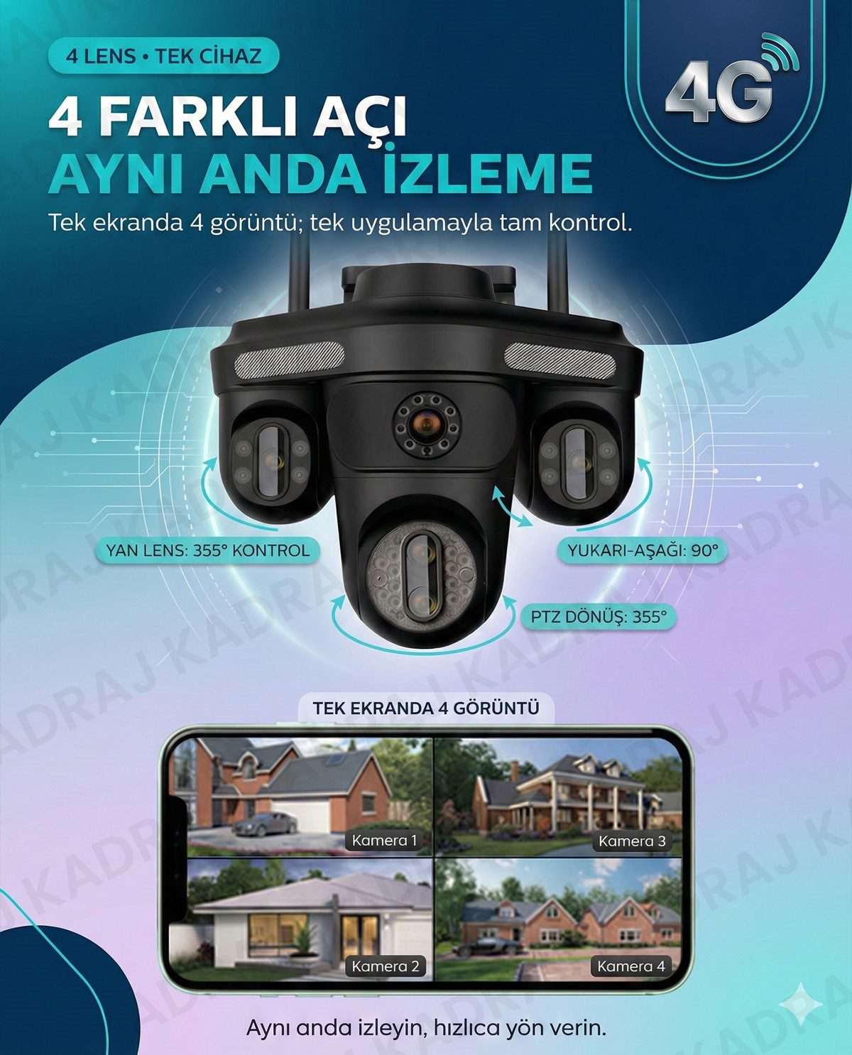 Kadraj Güneş Enerjili Sim Kartlı Kamera - 4 Kameralı - 600GB TURK TELEKOM Hat Dahil + 2 Solar Panel + 20000mah Batarya - görsel 3