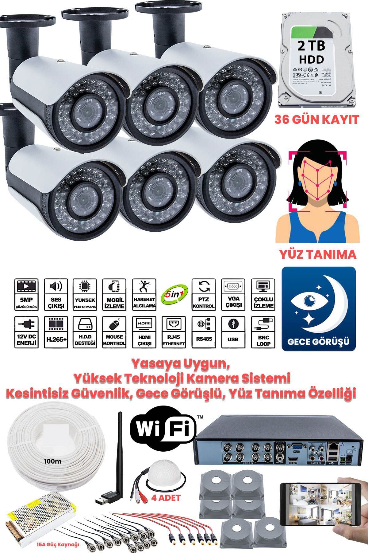 Kadraj Güvenlik Kamera Seti - 6 Kameralı - 5MP Sony SecuLens, Full HD, Gece Görüşü, Yasalara Uygun, 2TB Disk + Ses Alma - KDJ-6S-42IR-PND-V4