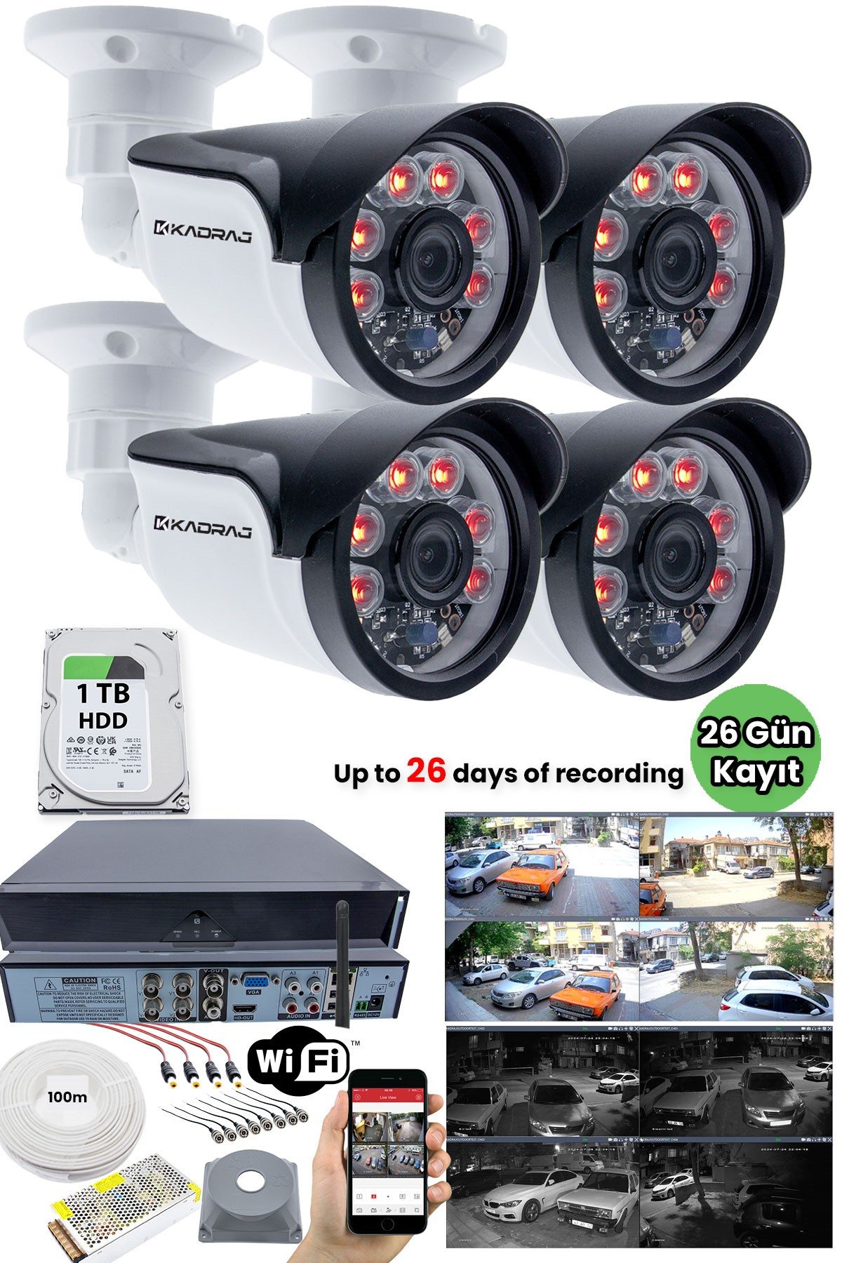 Kadraj Güvenlik Kamera Sistemi - 4 Kameraları Güvenlik Seti + 1 TB Disk + 5MP DVR + Gece Görüşlü + Kablosuz WIFI + Uzaktan Seyretme