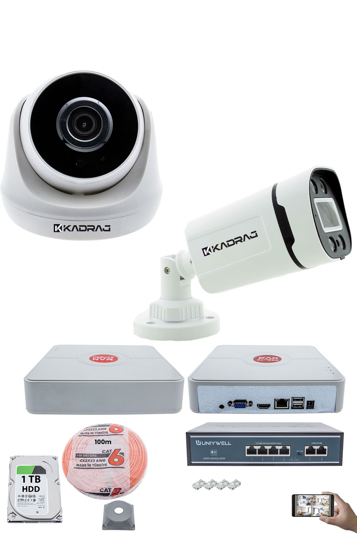 Kadraj IP Güvenlik Kamera Seti - 1 İç Mekan IP Kamera, 1 Dış Mekan IP Kamera, 1 TB H.D.D, 9 Kanal NVR, Gece Görüş, Uzaktan İzleme, Hareket Tabiki, İnsan Tesp