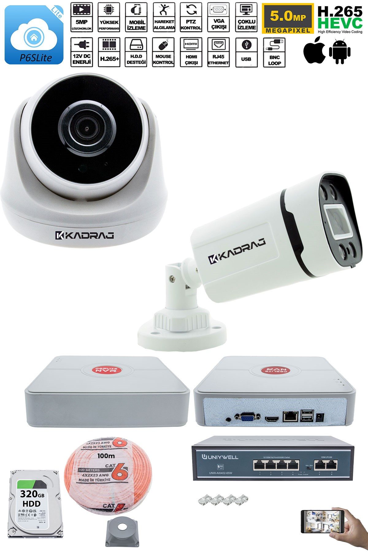 Kadraj IP Güvenlik Kamera Seti - 1 İç Mekan IP Kamera, 1 Dış Mekan IP Kamera, 320GB H.D.D, 9 Kanal NVR, Gece Görüş, Uzaktan İzleme, Hareket Tabiki, İnsan Tes - görsel 2