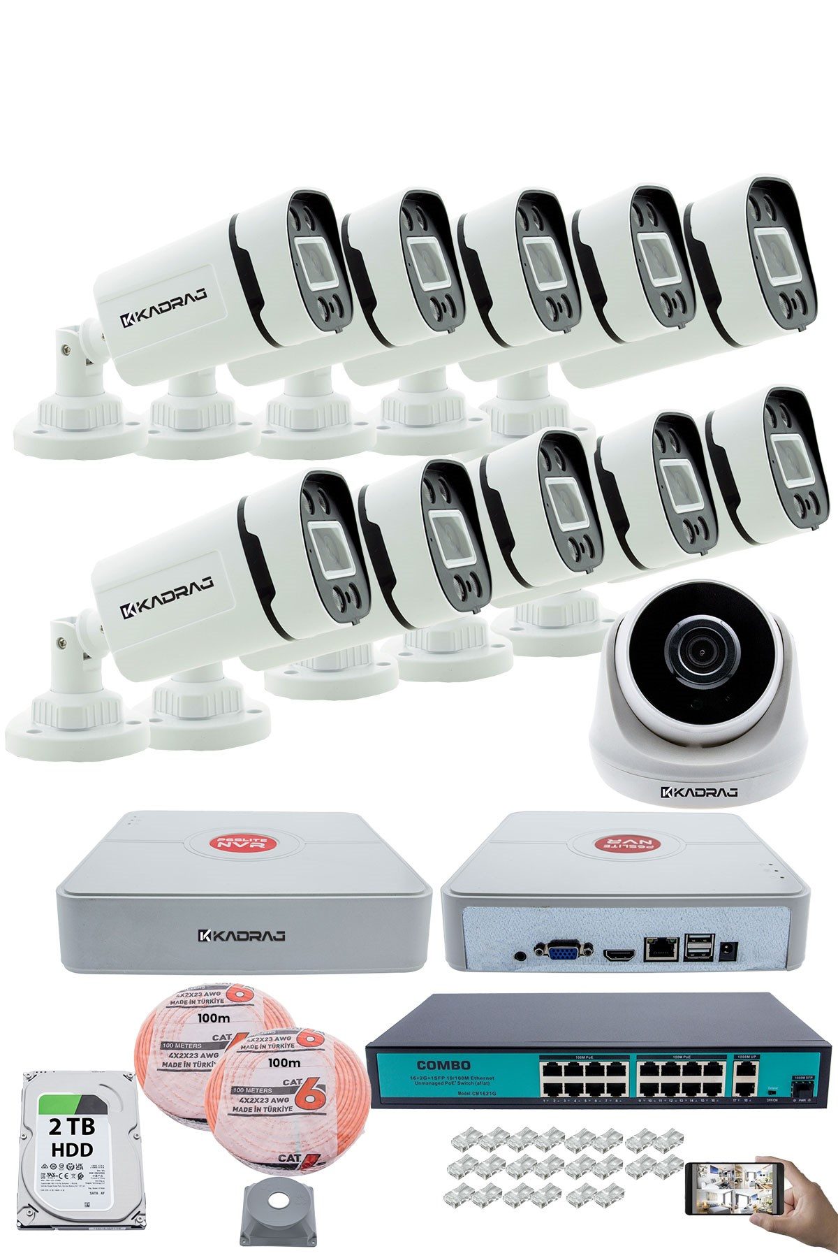 Kadraj IP Güvenlik Kamera Seti - 1 İç Mekan IP Kamera, 10 Dış Mekan IP Kamera, 2TB H.D.D, 16 Kanal NVR, Gece Görüş, Uzaktan İzleme, Hareket Tabiki, İnsan Tes