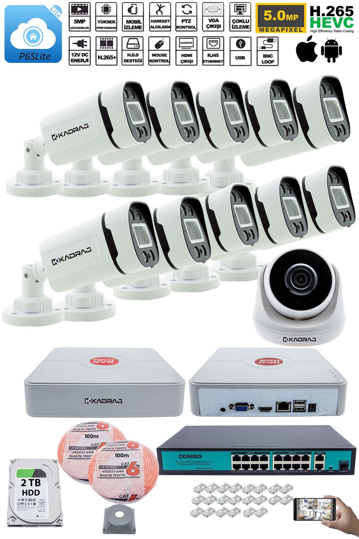 Kadraj IP Güvenlik Kamera Seti - 1 İç Mekan IP Kamera, 10 Dış Mekan IP Kamera, 2TB H.D.D, 16 Kanal NVR, Gece Görüş, Uzaktan İzleme, Hareket Tabiki, İnsan Tes - görsel 2