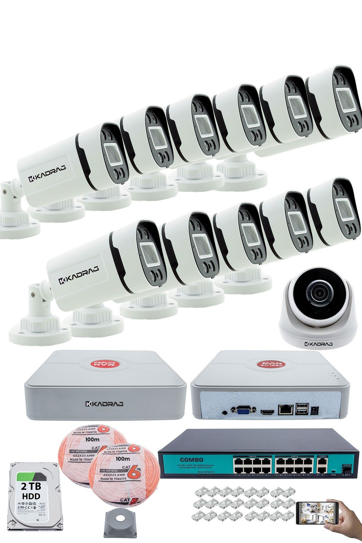 Kadraj IP Güvenlik Kamera Seti - 1 İç Mekan IP Kamera, 11 Dış Mekan IP Kamera, 2TB H.D.D, 16 Kanal NVR, Gece Görüş, Uzaktan İzleme, Hareket Tabiki, İnsan Tes