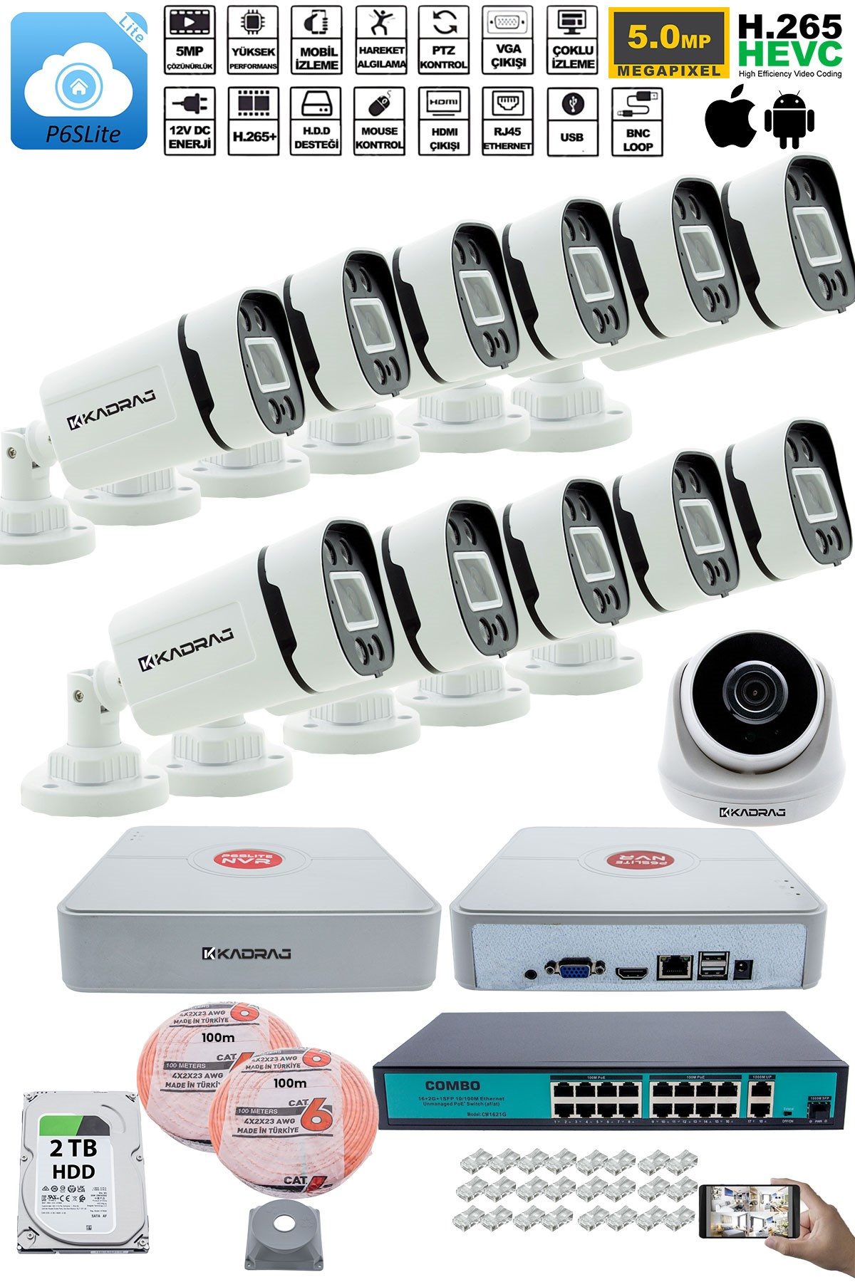 Kadraj IP Güvenlik Kamera Seti - 1 İç Mekan IP Kamera, 11 Dış Mekan IP Kamera, 2TB H.D.D, 16 Kanal NVR, Gece Görüş, Uzaktan İzleme, Hareket Tabiki, İnsan Tes - görsel 2
