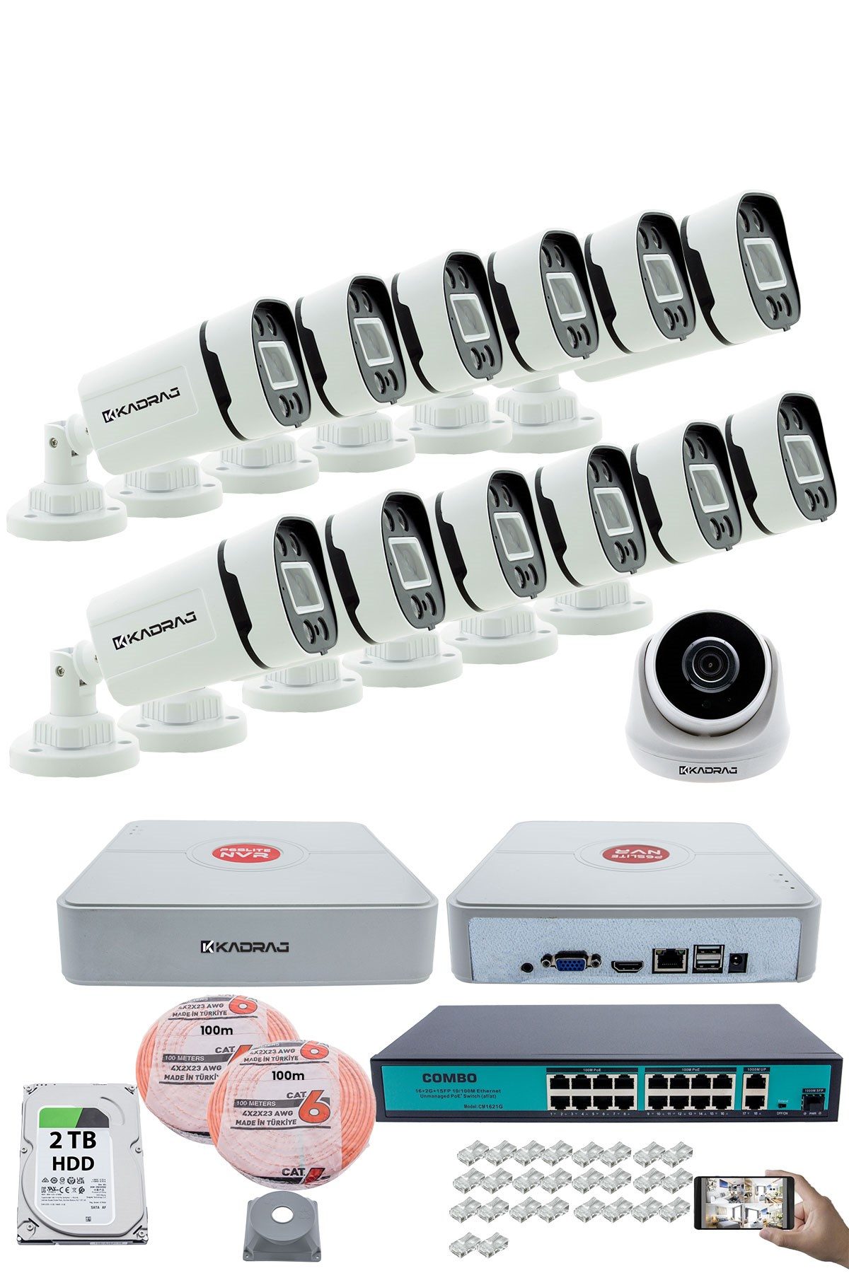 Kadraj IP Güvenlik Kamera Seti - 1 İç Mekan IP Kamera, 12 Dış Mekan IP Kamera, 2TB H.D.D, 16 Kanal NVR, Gece Görüş, Uzaktan İzleme, Hareket Tabiki, İnsan Tes