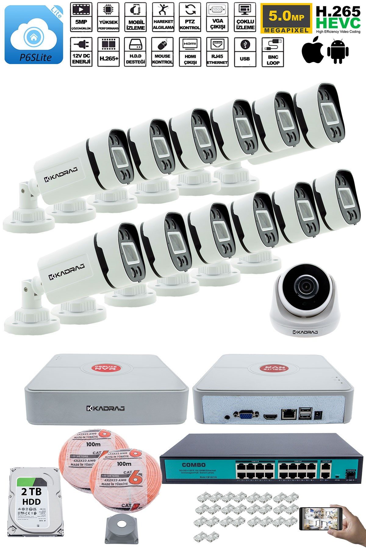 Kadraj IP Güvenlik Kamera Seti - 1 İç Mekan IP Kamera, 12 Dış Mekan IP Kamera, 2TB H.D.D, 16 Kanal NVR, Gece Görüş, Uzaktan İzleme, Hareket Tabiki, İnsan Tes - görsel 2