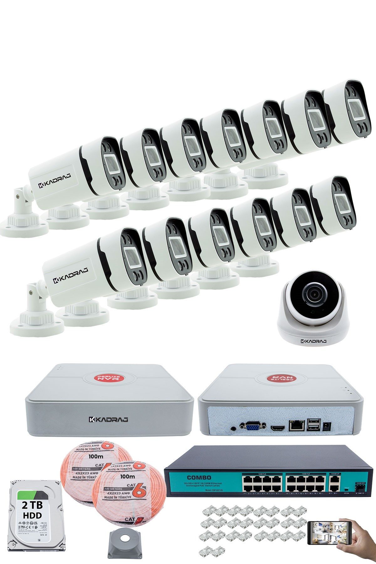 Kadraj IP Güvenlik Kamera Seti - 1 İç Mekan IP Kamera, 13 Dış Mekan IP Kamera, 2TB H.D.D, 16 Kanal NVR, Gece Görüş, Uzaktan İzleme, Hareket Tabiki, İnsan Tes