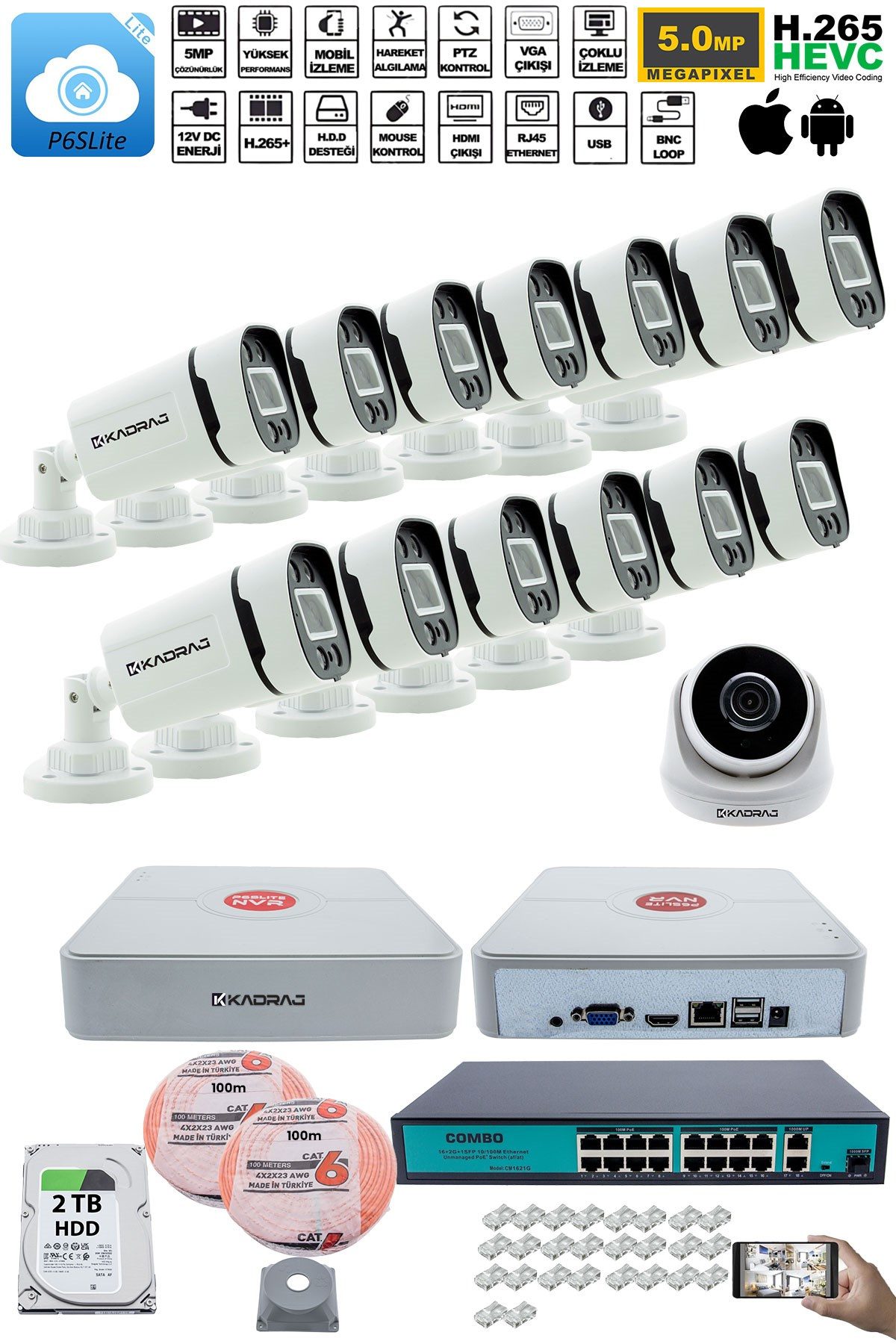 Kadraj IP Güvenlik Kamera Seti - 1 İç Mekan IP Kamera, 13 Dış Mekan IP Kamera, 2TB H.D.D, 16 Kanal NVR, Gece Görüş, Uzaktan İzleme, Hareket Tabiki, İnsan Tes - görsel 2