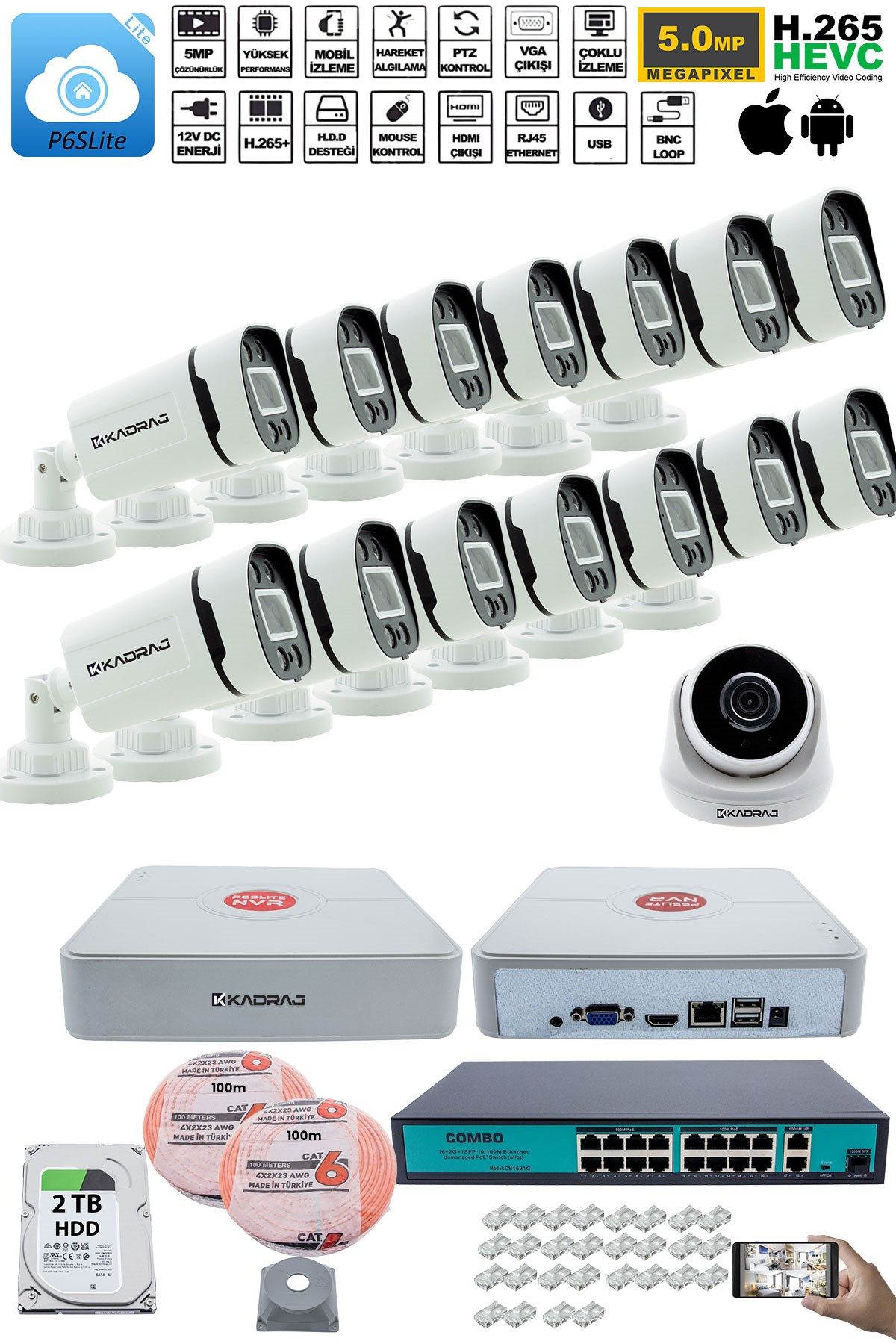 Kadraj IP Güvenlik Kamera Seti - 1 İç Mekan IP Kamera, 14 Dış Mekan IP Kamera, 2TB H.D.D, 16 Kanal NVR, Gece Görüş, Uzaktan İzleme, Hareket Tabiki, İnsan Tes - görsel 2