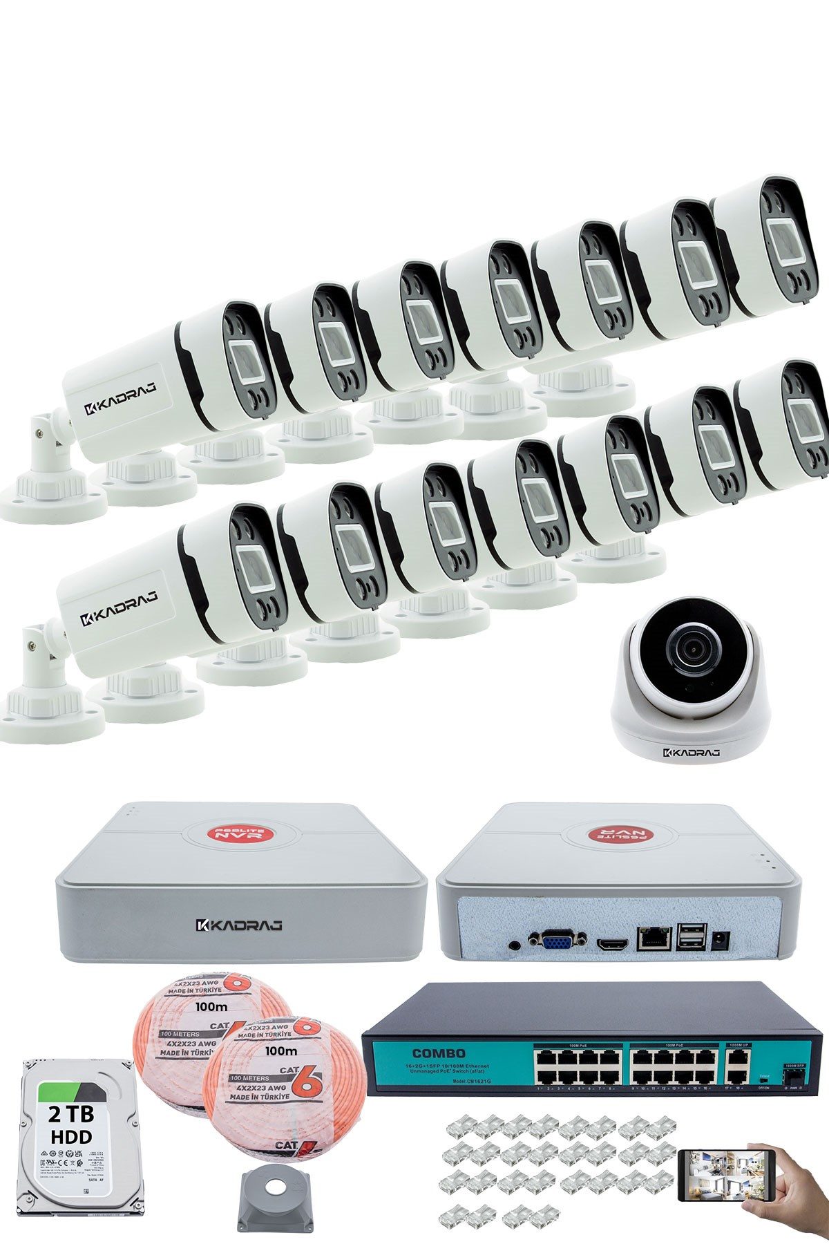 Kadraj IP Güvenlik Kamera Seti - 1 İç Mekan IP Kamera, 14 Dış Mekan IP Kamera, 2TB H.D.D, 16 Kanal NVR, Gece Görüş, Uzaktan İzleme, Hareket Tabiki, İnsan Tes