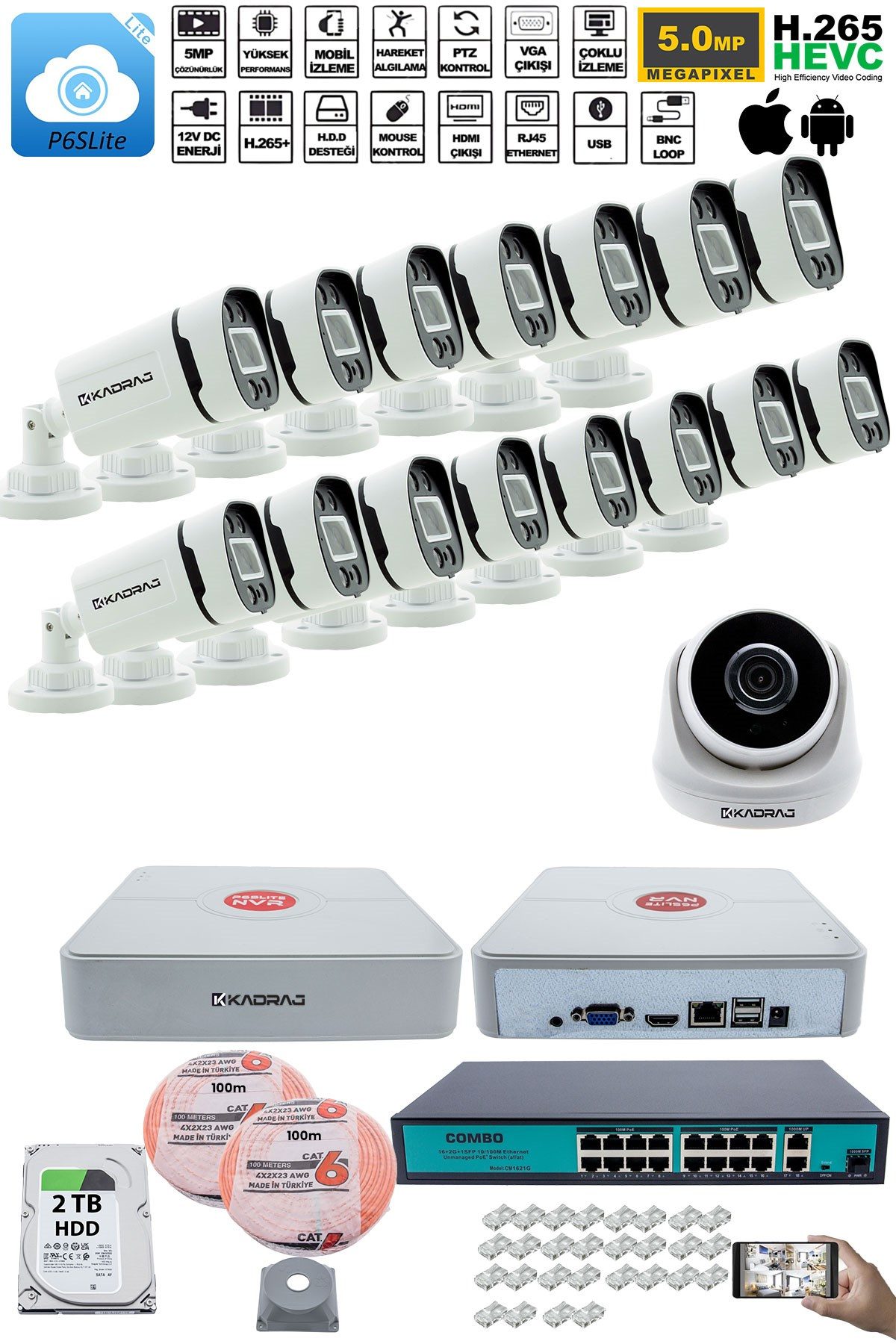 Kadraj IP Güvenlik Kamera Seti - 1 İç Mekan IP Kamera, 15 Dış Mekan IP Kamera, 2TB H.D.D, 16 Kanal NVR, Gece Görüş, Uzaktan İzleme, Hareket Tabiki, İnsan Tes - görsel 2