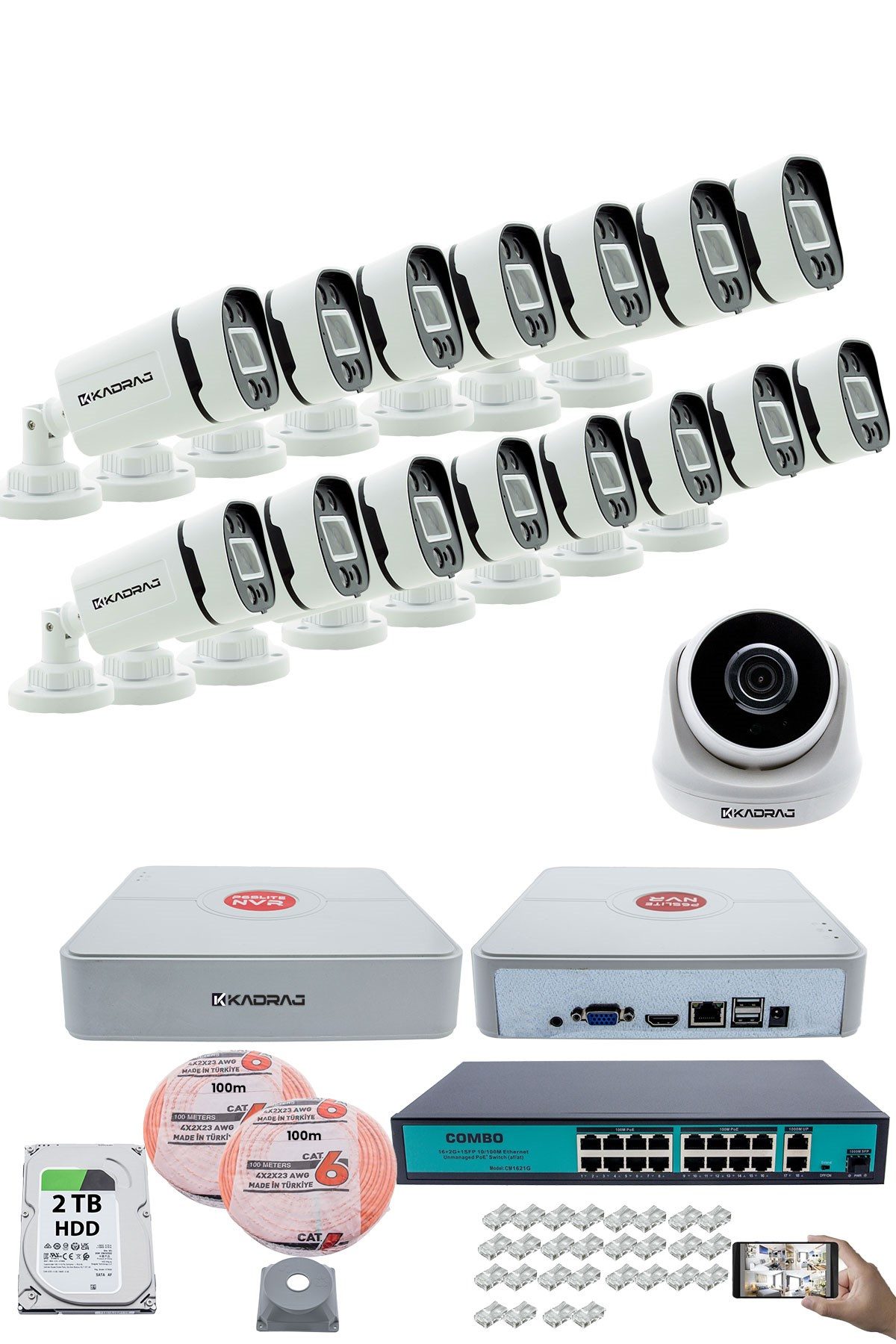 Kadraj IP Güvenlik Kamera Seti - 1 İç Mekan IP Kamera, 15 Dış Mekan IP Kamera, 2TB H.D.D, 16 Kanal NVR, Gece Görüş, Uzaktan İzleme, Hareket Tabiki, İnsan Tes