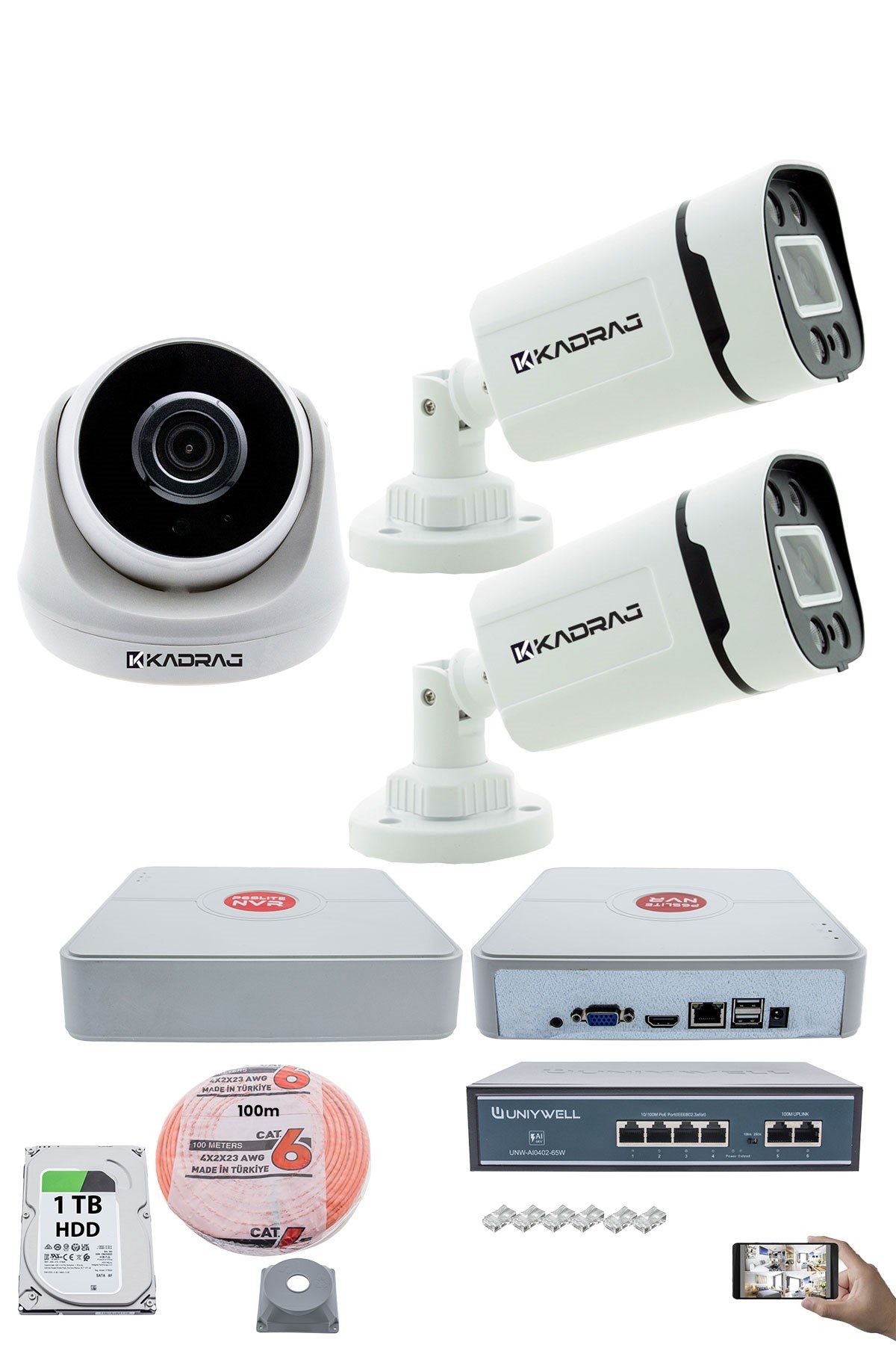 Kadraj IP Güvenlik Kamera Seti - 1 İç Mekan IP Kamera, 2 Dış Mekan IP Kamera, 1TB H.D.D, 9 Kanal NVR, Gece Görüş, Uzaktan İzleme, Hareket Tabiki, İnsan Tespi
