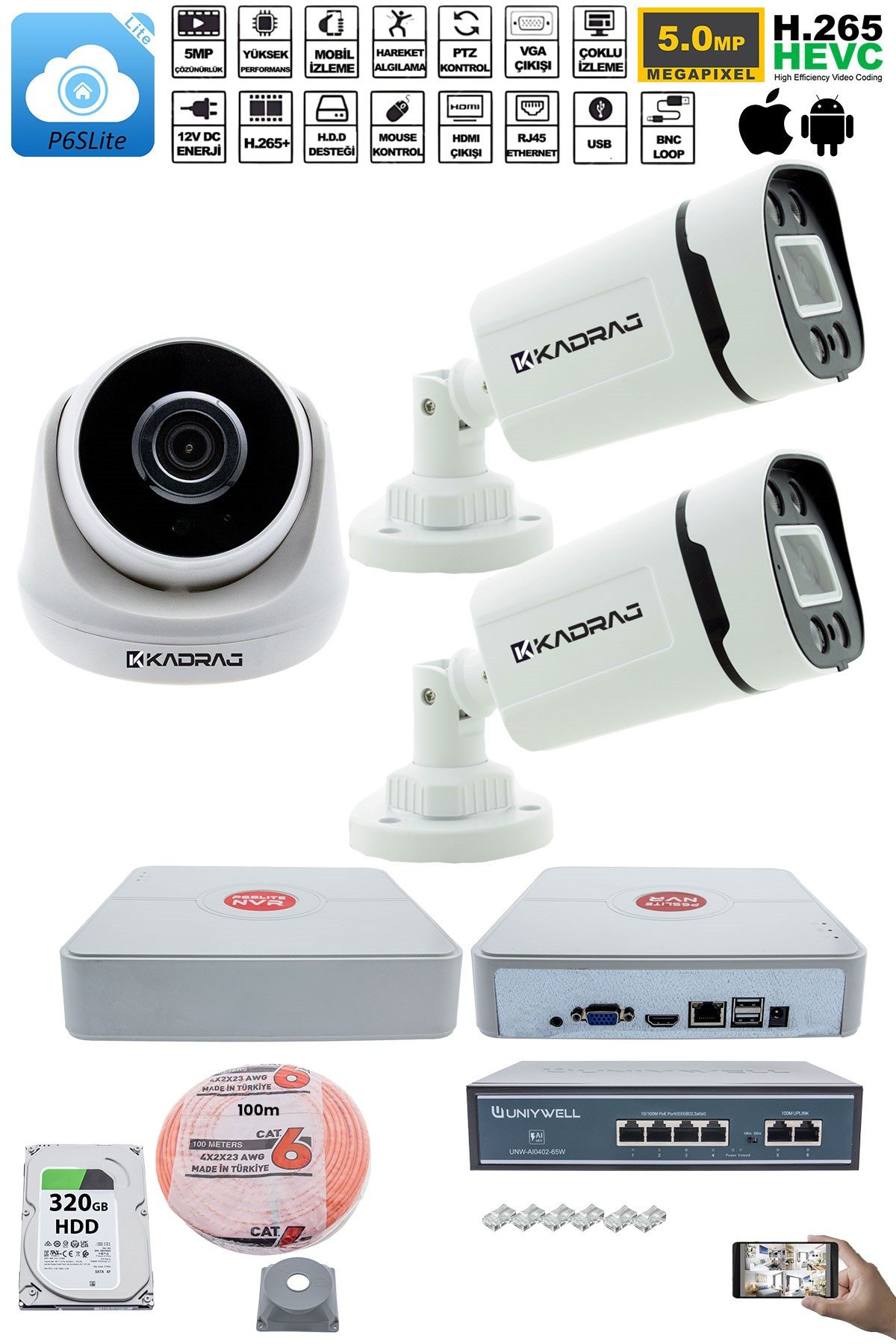 Kadraj IP Güvenlik Kamera Seti - 1 İç Mekan IP Kamera, 2 Dış Mekan IP Kamera, 320 GB H.D.D, 9 Kanal NVR, Gece Görüş, Uzaktan İzleme, Hareket Tabiki, İnsan Te - görsel 2