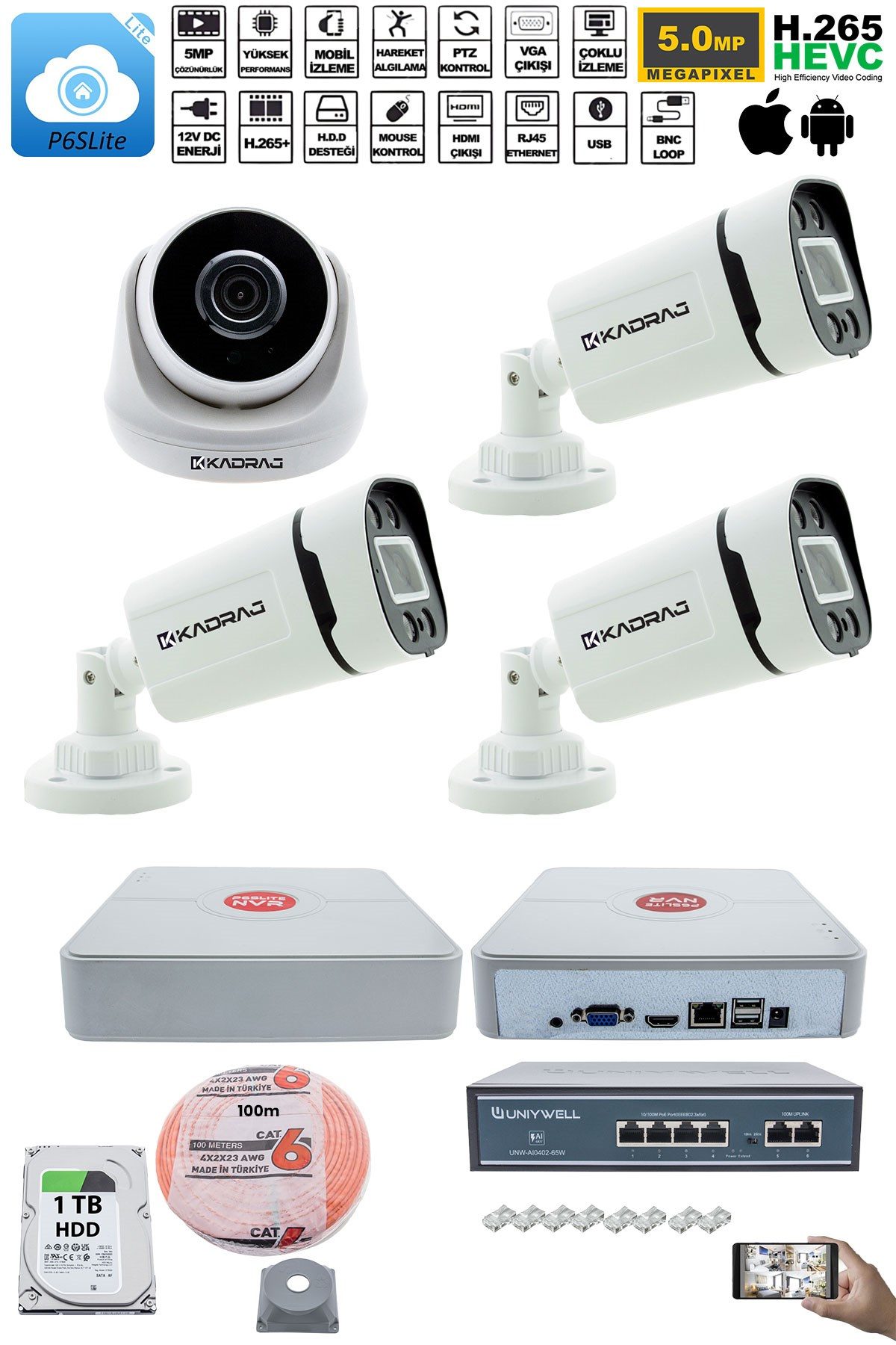 Kadraj IP Güvenlik Kamera Seti - 1 İç Mekan IP Kamera, 3 Dış Mekan IP Kamera, 1TB H.D.D, 9 Kanal NVR, Gece Görüş, Uzaktan İzleme, Hareket Tabiki, İnsan Tespi - görsel 2