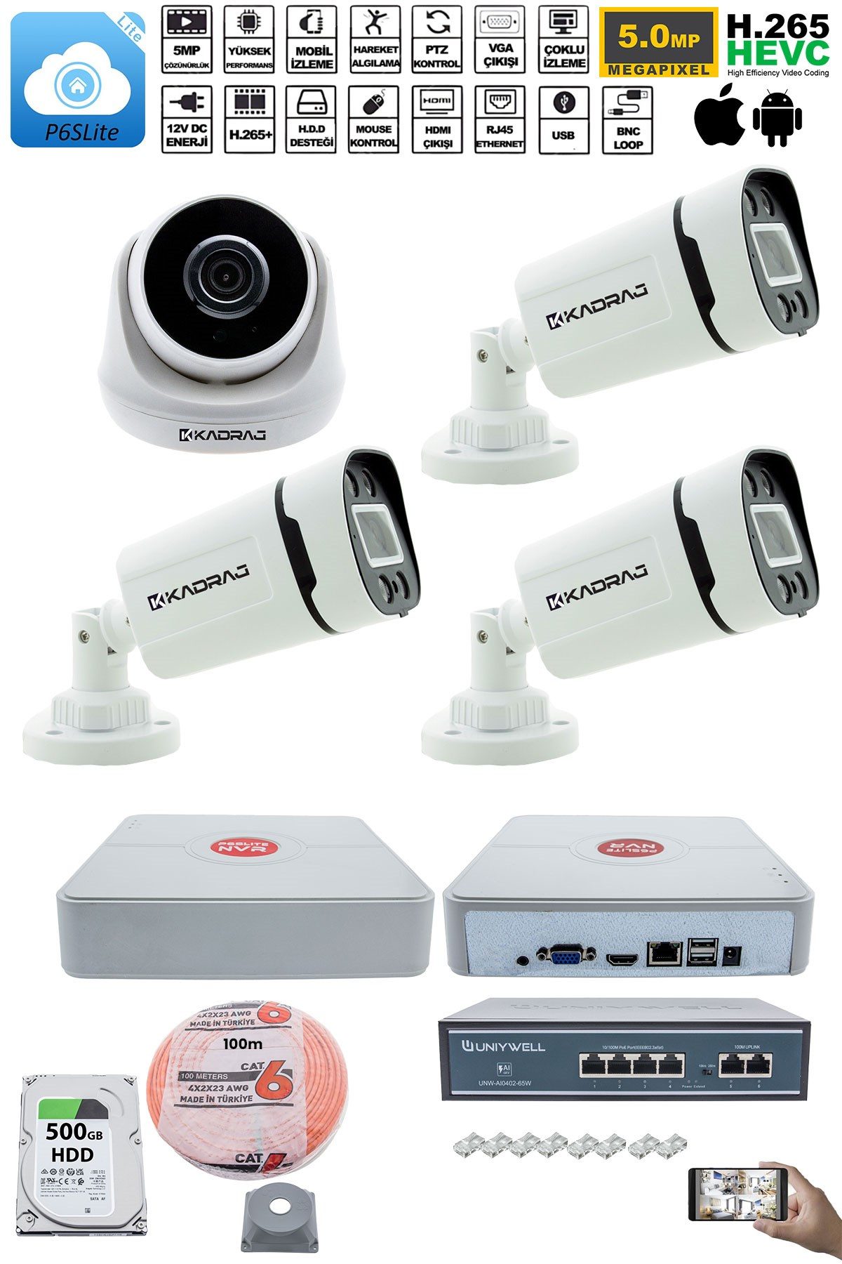 Kadraj IP Güvenlik Kamera Seti - 1 İç Mekan IP Kamera, 3 Dış Mekan IP Kamera, 500GB H.D.D, 9 Kanal NVR, Gece Görüş, Uzaktan İzleme, Hareket Tabiki, İnsan Tes - görsel 2