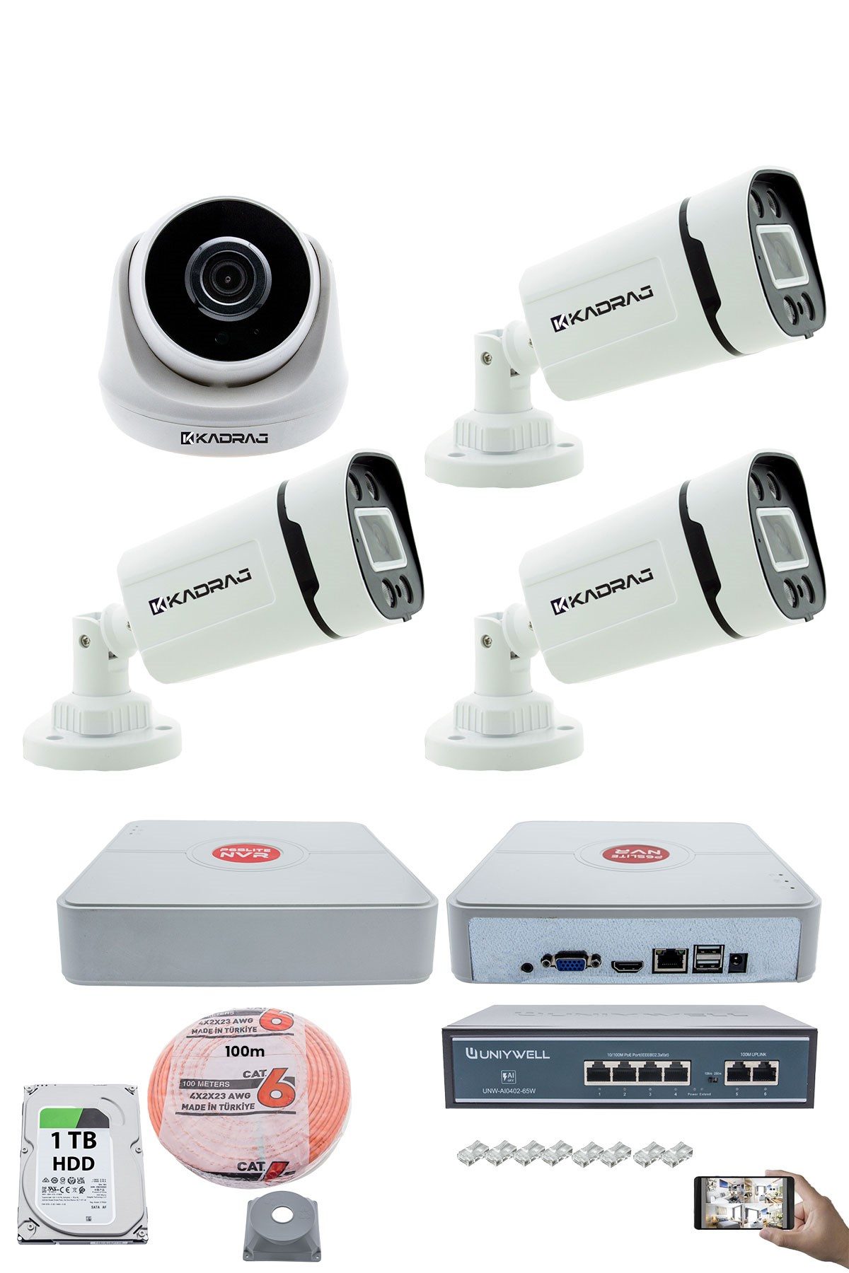 Kadraj IP Güvenlik Kamera Seti - 1 İç Mekan IP Kamera, 3 Dış Mekan IP Kamera, 1TB H.D.D, 9 Kanal NVR, Gece Görüş, Uzaktan İzleme, Hareket Tabiki, İnsan Tespi