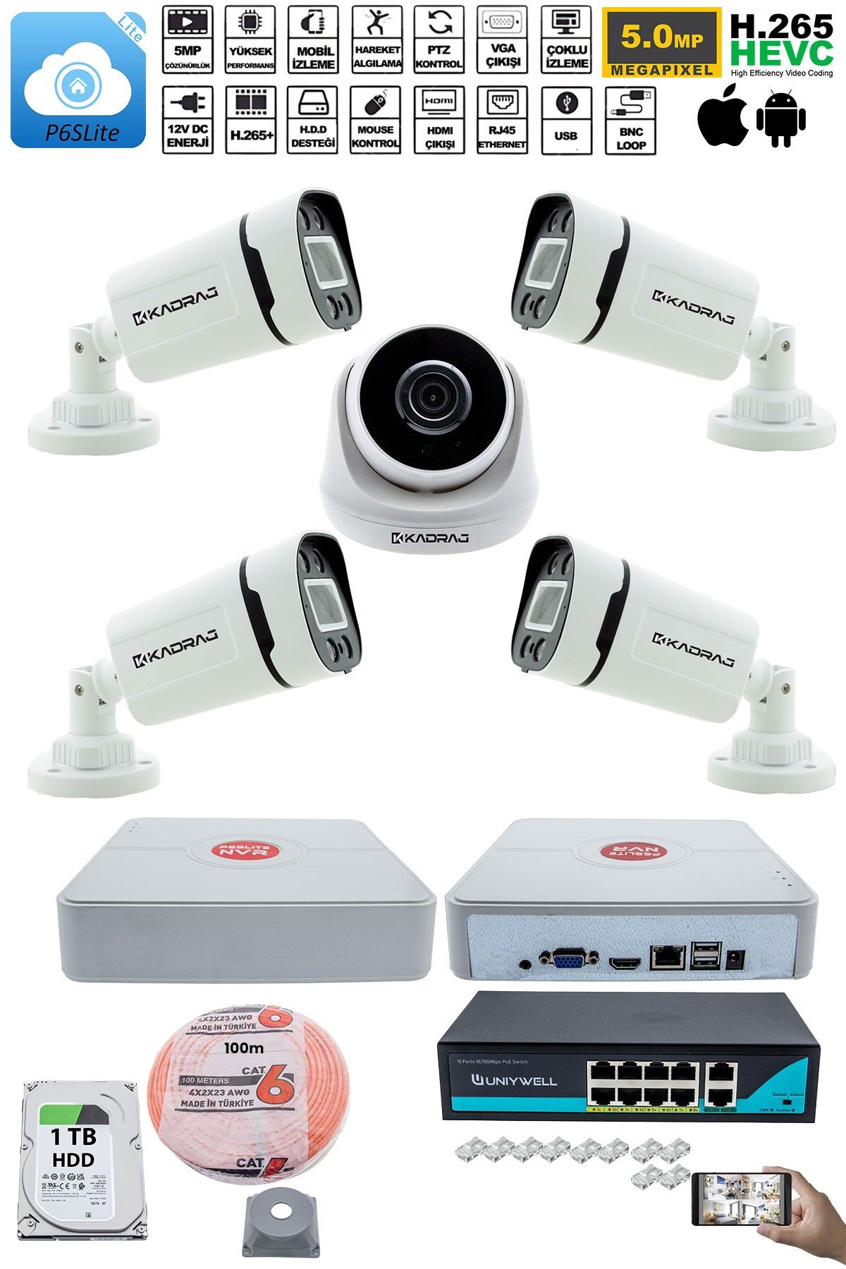 Kadraj IP Güvenlik Kamera Seti - 1 İç Mekan IP Kamera, 4 Dış Mekan IP Kamera, 1TB H.D.D, 9 Kanal NVR, Gece Görüş, Uzaktan İzleme, Hareket Tabiki, İnsan Tespi - görsel 2
