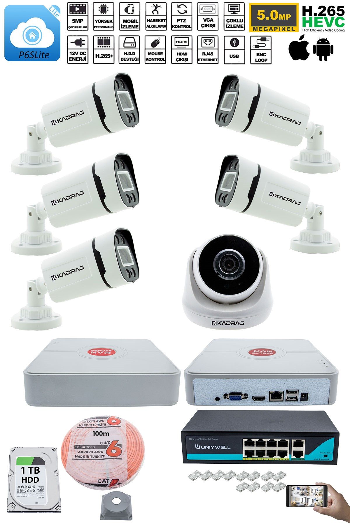 Kadraj IP Güvenlik Kamera Seti - 1 İç Mekan IP Kamera, 5 Dış Mekan IP Kamera, 1TB H.D.D, 9 Kanal NVR, Gece Görüş, Uzaktan İzleme, Hareket Tabiki, İnsan Tespi - görsel 2