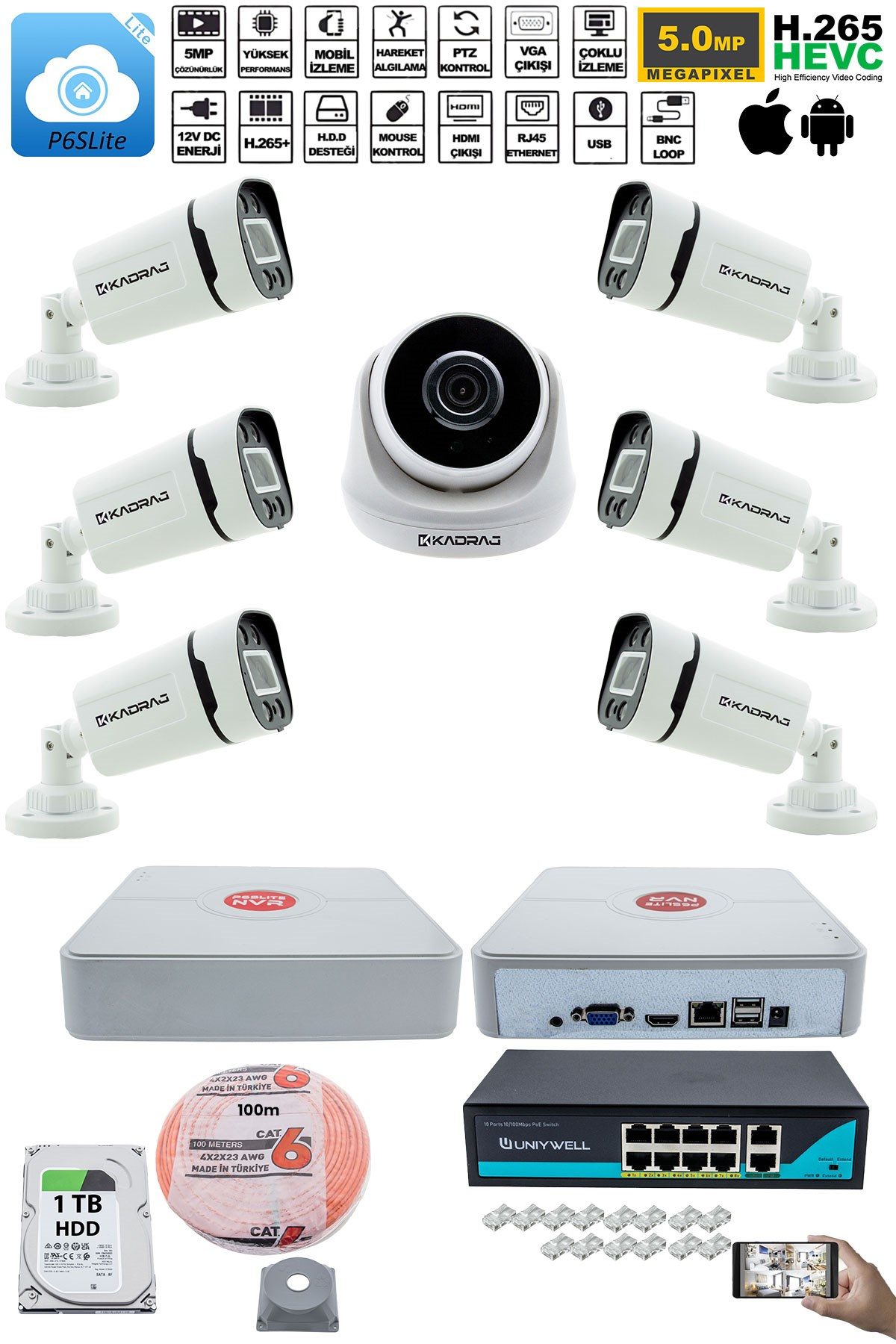Kadraj IP Güvenlik Kamera Seti - 1 İç Mekan IP Kamera, 6 Dış Mekan IP Kamera, 1TB H.D.D, 9 Kanal NVR, Gece Görüş, Uzaktan İzleme, Hareket Tabiki, İnsan Tespi - görsel 2