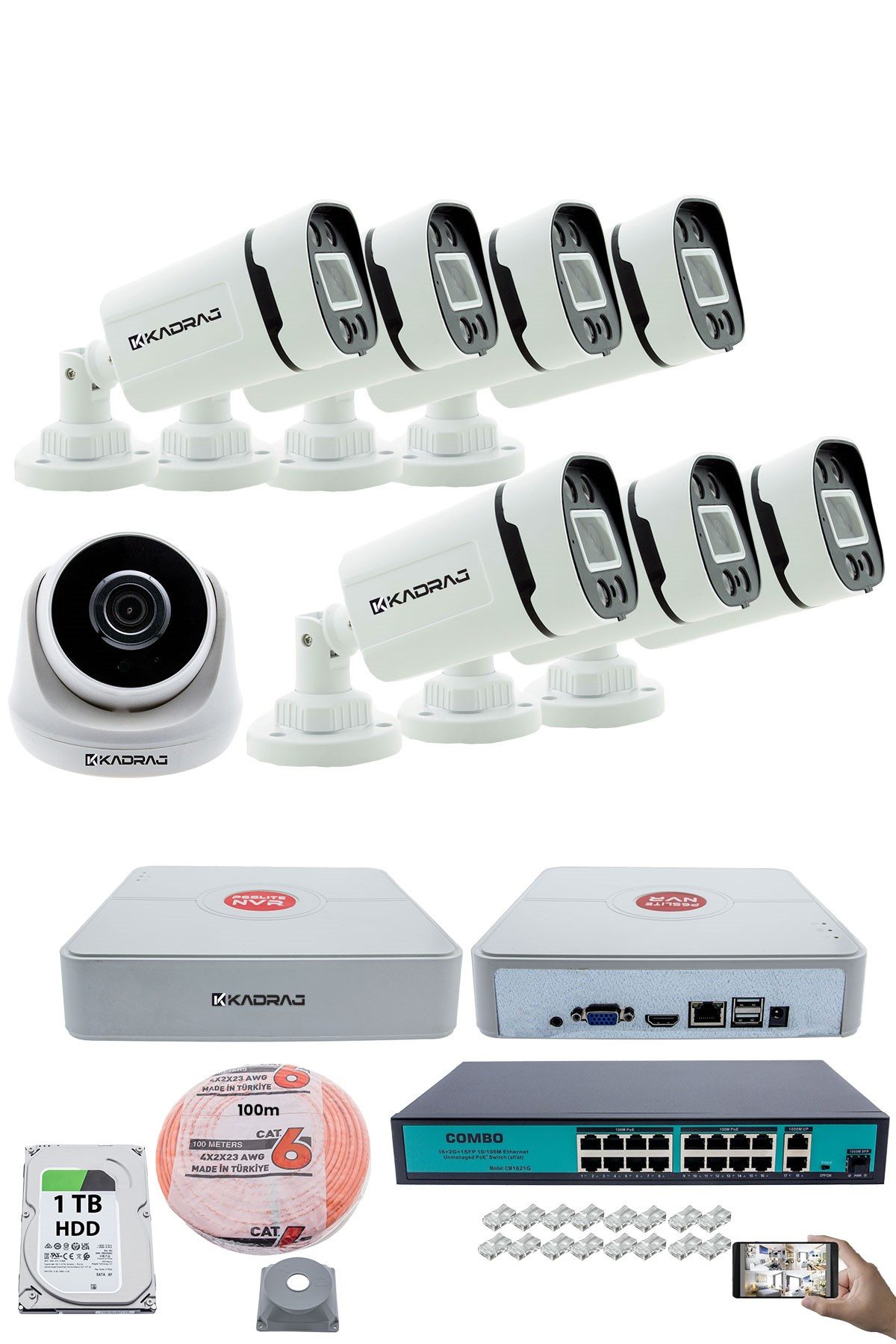 Kadraj Ip Güvenlik Kamera Seti - 1 İç Mekan Ip Kamera, 7 dış Mekan Ip Kamera, 1TB H.D.D 9 Kanal Nvr, Gece Görüş, Uzaktan İzleme, Hareket Tabiki, İnsan Tespi