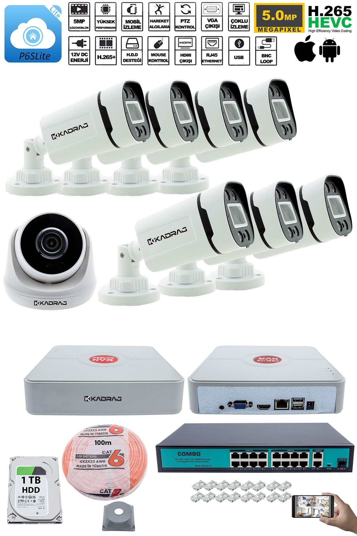 Kadraj Ip Güvenlik Kamera Seti - 1 İç Mekan Ip Kamera, 7 dış Mekan Ip Kamera, 1TB H.D.D 9 Kanal Nvr, Gece Görüş, Uzaktan İzleme, Hareket Tabiki, İnsan Tespi - görsel 2