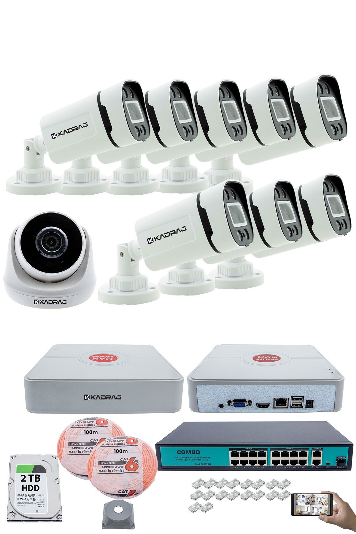 Kadraj IP Güvenlik Kamera Seti - 1 İç Mekan IP Kamera, 8 Dış Mekan IP Kamera, 2TB H.D.D, 16 Kanal NVR, Gece Görüş, Uzaktan İzleme, Hareket Tabiki, İnsan Tesp