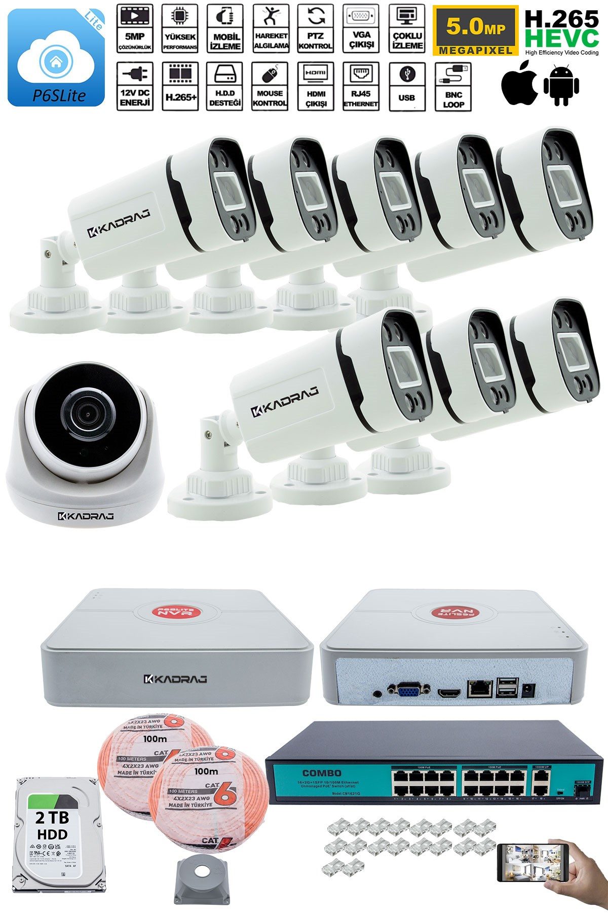 Kadraj IP Güvenlik Kamera Seti - 1 İç Mekan IP Kamera, 8 Dış Mekan IP Kamera, 2TB H.D.D, 16 Kanal NVR, Gece Görüş, Uzaktan İzleme, Hareket Tabiki, İnsan Tesp - görsel 2