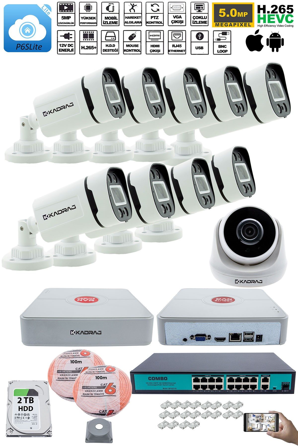 Kadraj IP Güvenlik Kamera Seti - 1 İç Mekan IP Kamera, 9 Dış Mekan IP Kamera, 2TB H.D.D, 16 Kanal NVR, Gece Görüş, Uzaktan İzleme, Hareket Tabiki, İnsan Tesp - görsel 2