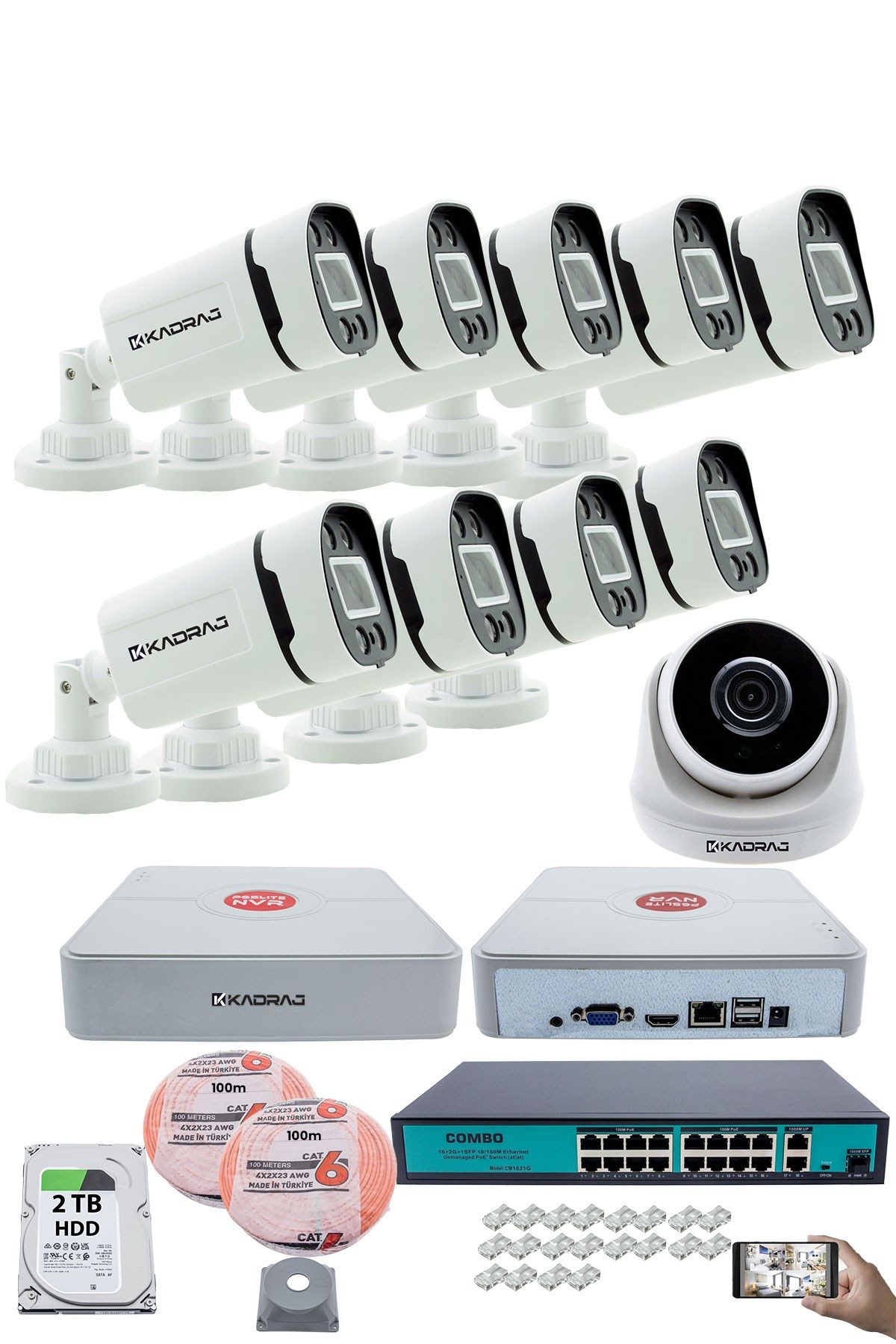 Kadraj IP Güvenlik Kamera Seti - 1 İç Mekan IP Kamera, 9 Dış Mekan IP Kamera, 2TB H.D.D, 16 Kanal NVR, Gece Görüş, Uzaktan İzleme, Hareket Tabiki, İnsan Tesp