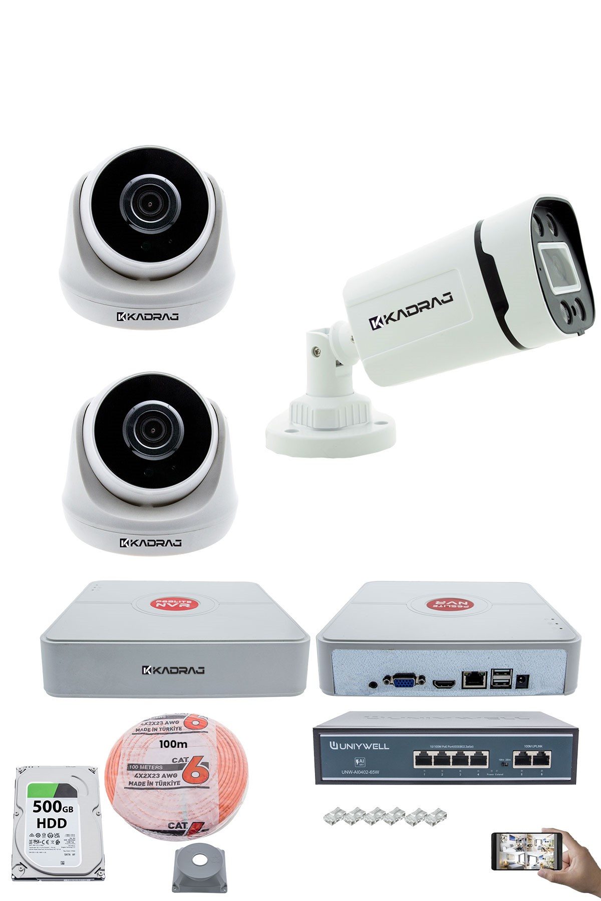 Kadraj IP Güvenlik Kamera Seti - 2 İç Mekan IP Kamera, 1 Dış Mekan IP Kamera, 500GB H.D.D, 9 Kanal NVR, Gece Görüş, Uzaktan İzleme, Hareket Tabiki, İnsan Tes