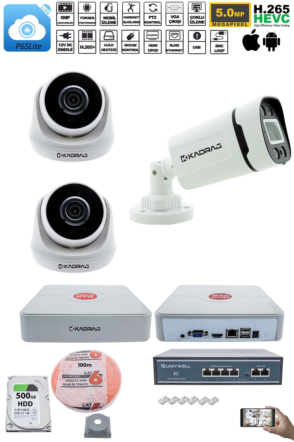 Kadraj IP Güvenlik Kamera Seti - 2 İç Mekan IP Kamera, 1 Dış Mekan IP Kamera, 500GB H.D.D, 9 Kanal NVR, Gece Görüş, Uzaktan İzleme, Hareket Tabiki, İnsan Tes - görsel 2