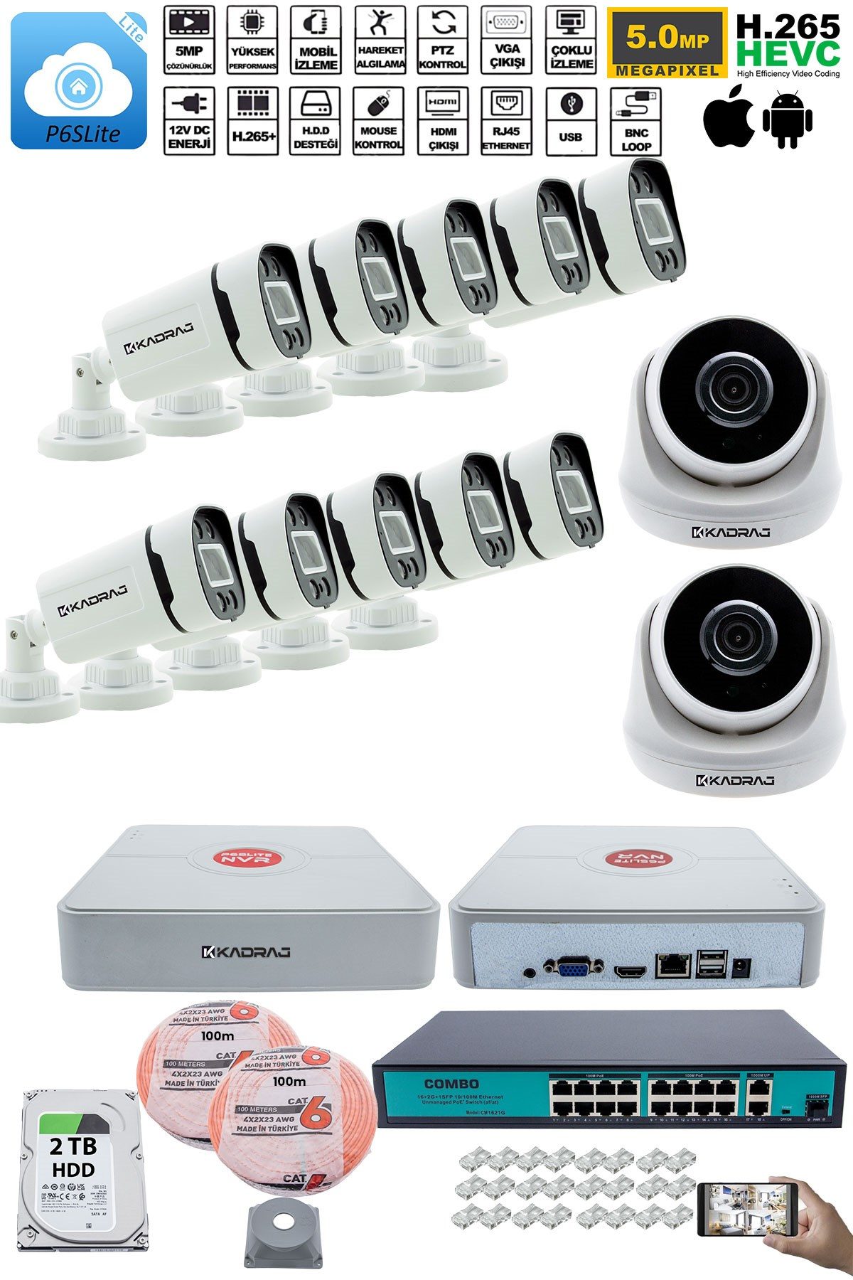 Kadraj IP Güvenlik Kamera Seti - 2 İç Mekan IP Kamera, 10 Dış Mekan IP Kamera, 2TB H.D.D, 16 Kanal NVR, Gece Görüş, Uzaktan İzleme, Hareket Tabiki, İnsan Tes - görsel 2