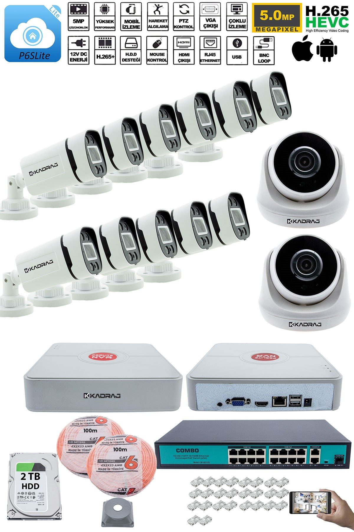Kadraj IP Güvenlik Kamera Seti - 2 İç Mekan IP Kamera, 11 Dış Mekan IP Kamera, 2TB H.D.D, 16 Kanal NVR, Gece Görüş, Uzaktan İzleme, Hareket Tabiki, İnsan Tes - görsel 2