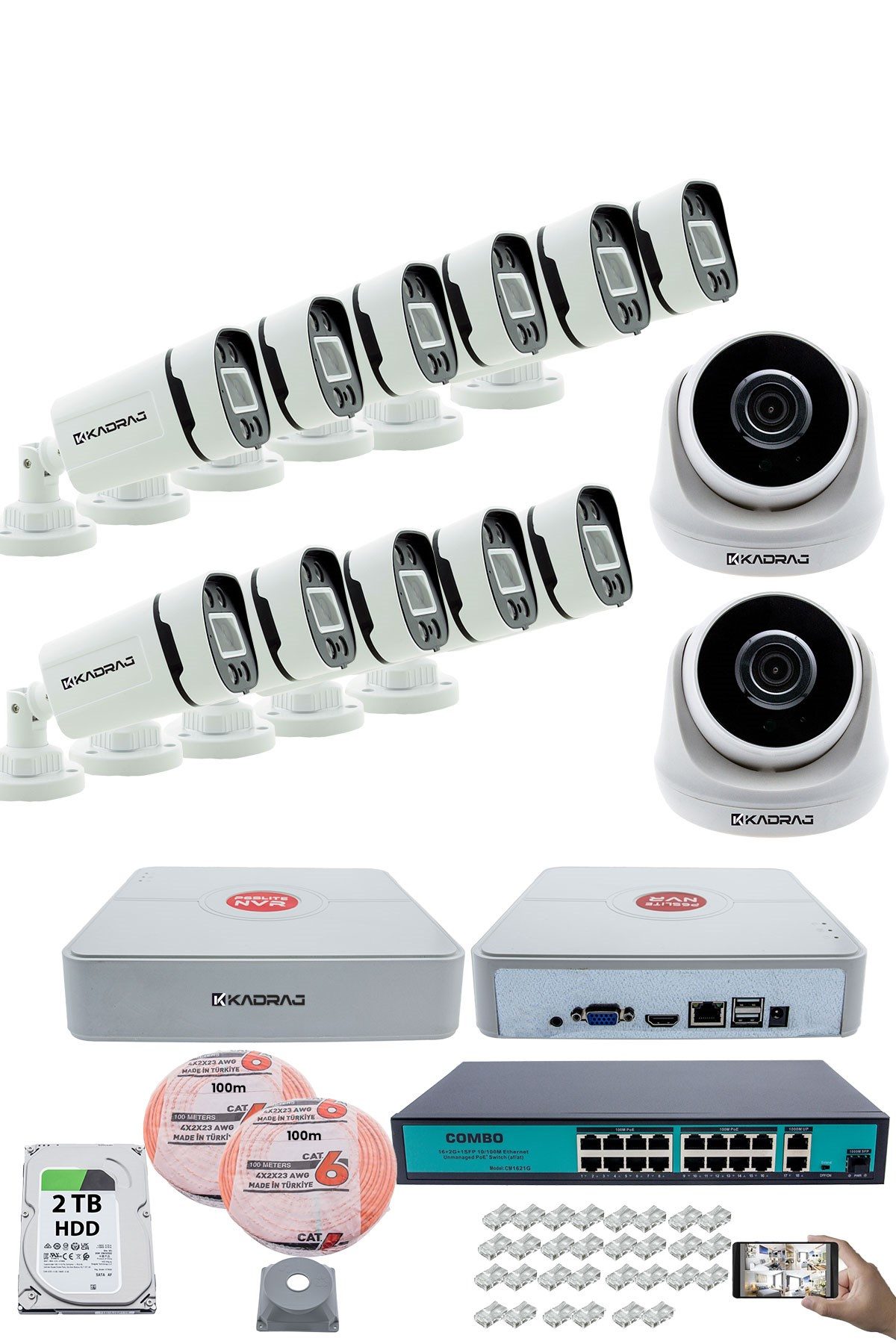 Kadraj IP Güvenlik Kamera Seti - 2 İç Mekan IP Kamera, 11 Dış Mekan IP Kamera, 2TB H.D.D, 16 Kanal NVR, Gece Görüş, Uzaktan İzleme, Hareket Tabiki, İnsan Tes